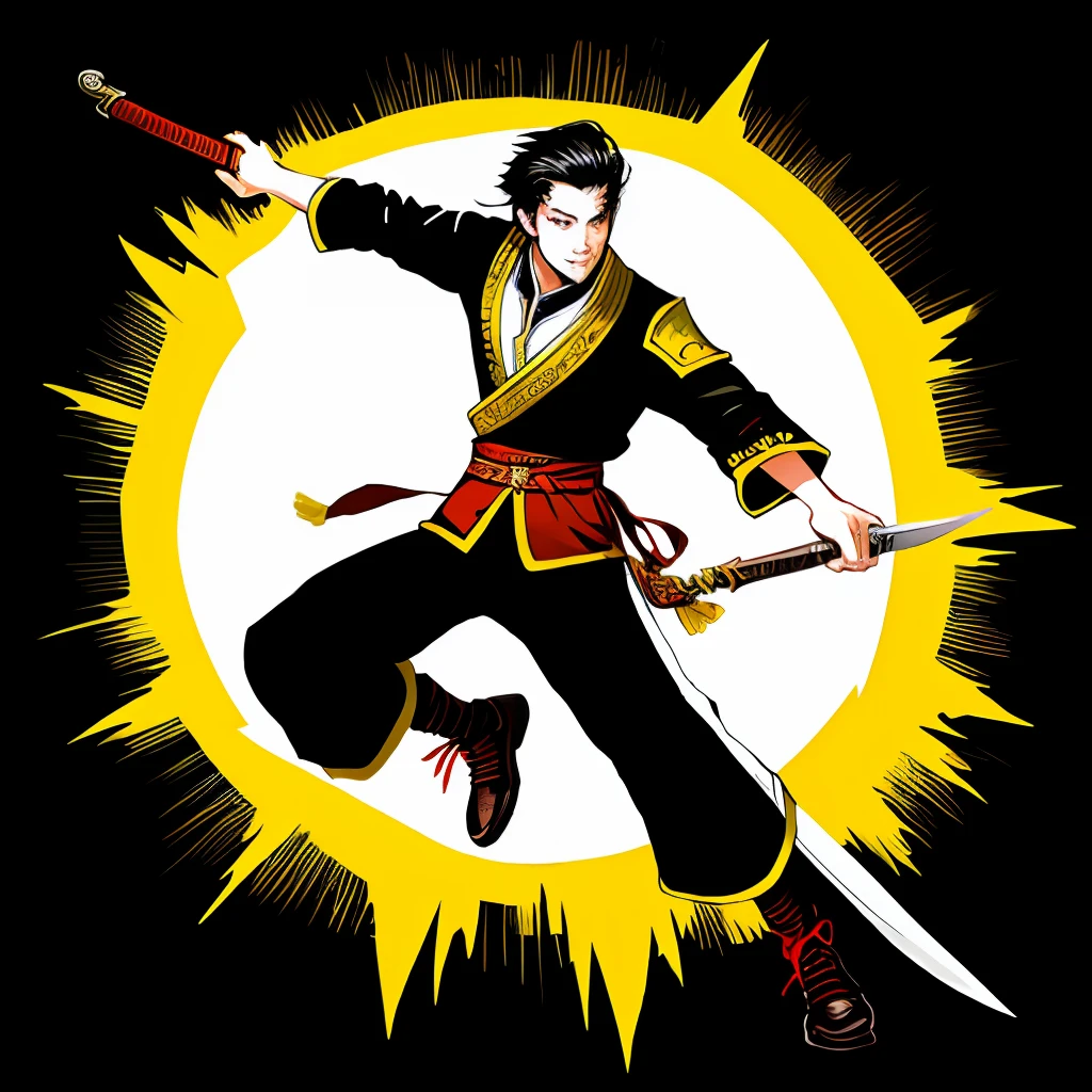 Game illustration，Handsome，He holds a Chinese long sword in his right hand，Left-handed thunderbolt，Jump in the air
