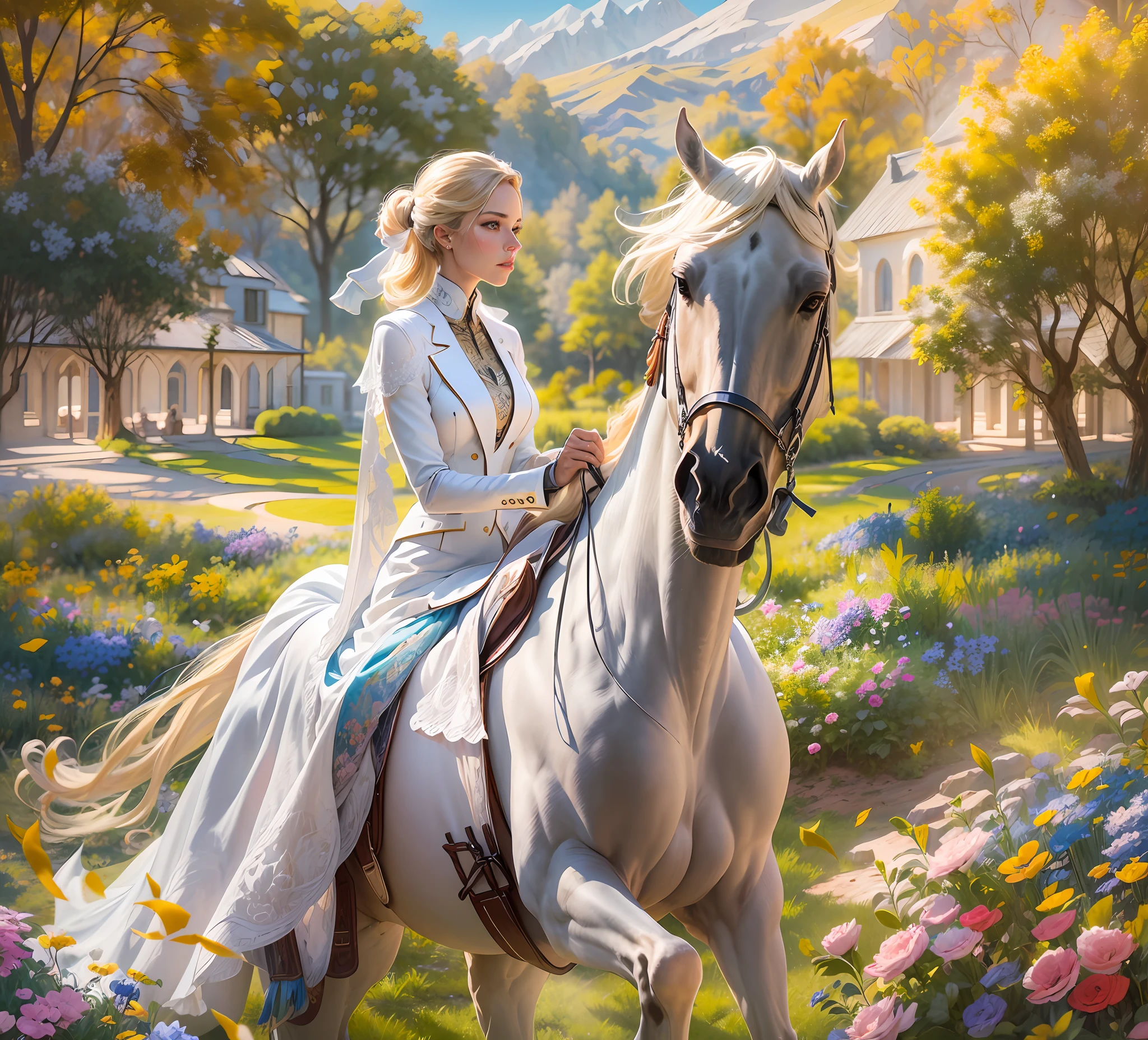 Presenting a breathtaking masterpiece that showcases the pinnacle of detail and beauty, captured in mesmerizing UHD 12k resolution. This extraordinary photograph transports you to the vibrant world of an equestrian event, where an enchanting blonde woman gracefully rides atop a majestic white Arabian horse
In this meticulously framed composition, the vibrant colors of the event come to life, painting a vivid tapestry against the backdrop of a picturesque landscape. The lush greenery and vibrant floral accents create a vibrant contrast to the ethereal white coat of the Arabian horse and the woman's white equestrian uniform
Immerse yourself in this ultra-high-definition portrait, where every intricate detail comes to life, allowing you to witness the splendor of this equestrian event with unparalleled clarity and awe-inspiring realism, sunlight, ray tracing,