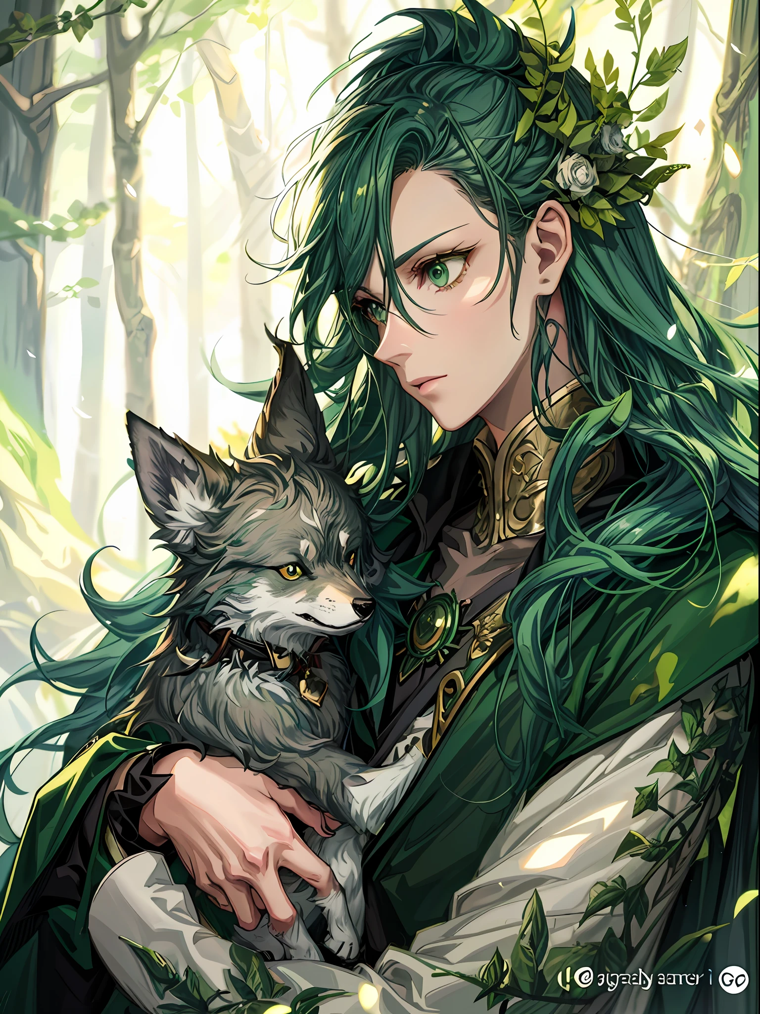 a woman with green hair holding a wolf in a forest, handsome guy in demon slayer art, anime in fantasy style, by Yang J, detailed anime character art, portrait of a forest mage, anime fantasy illustration, high quality fanart, digital green fox, anime illustration, anime character art, god of the forest, forest soul, highly detailed exquisite fanart, by Ren Renfa
