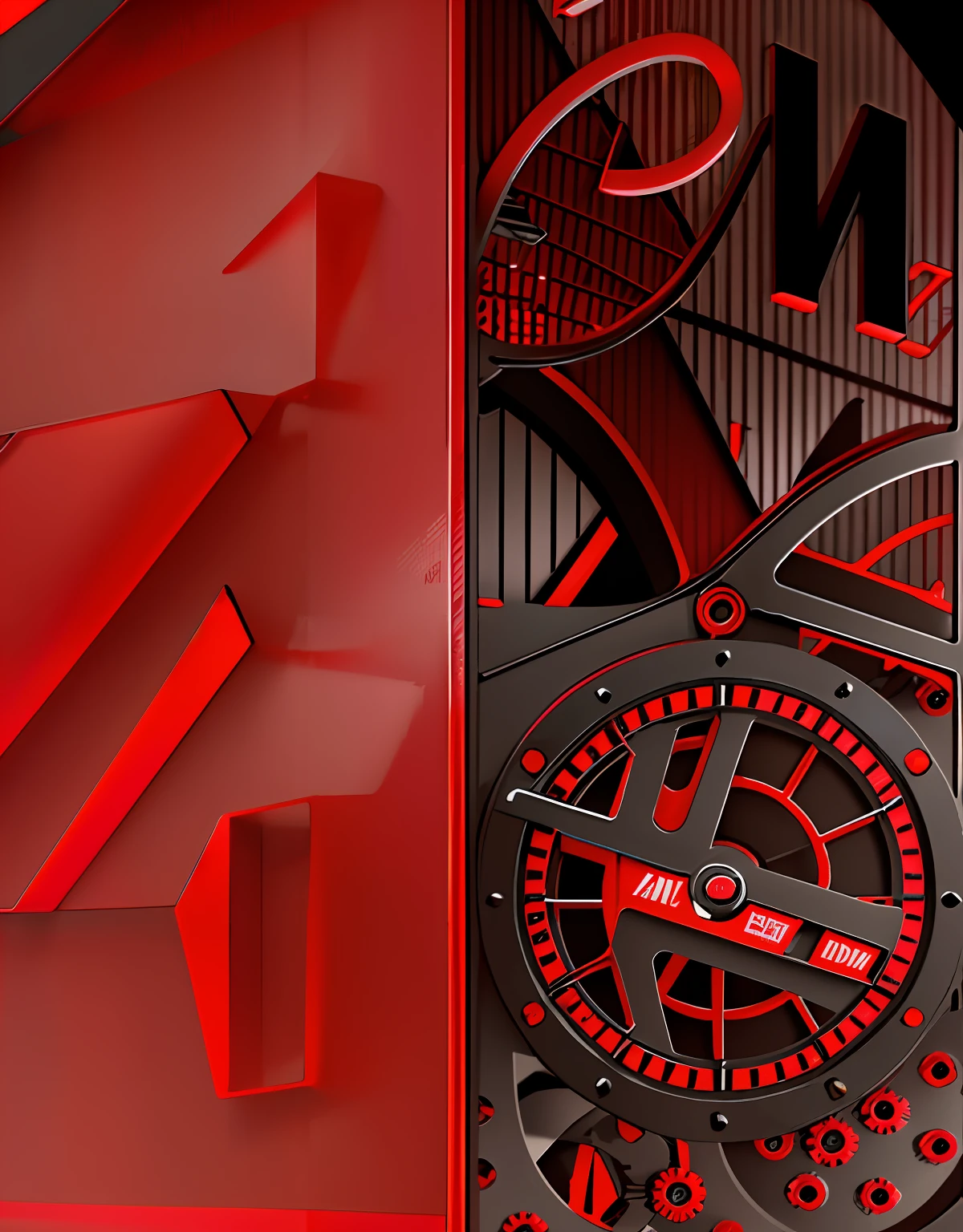 Close up with red and black background with black and white logo, black and red only!!!, Red and black color, Red and black, Has a matte finish，The black part has a matte finish，The black part has the word ACM in red！！！！The red part has a frosted glass texture，With gears