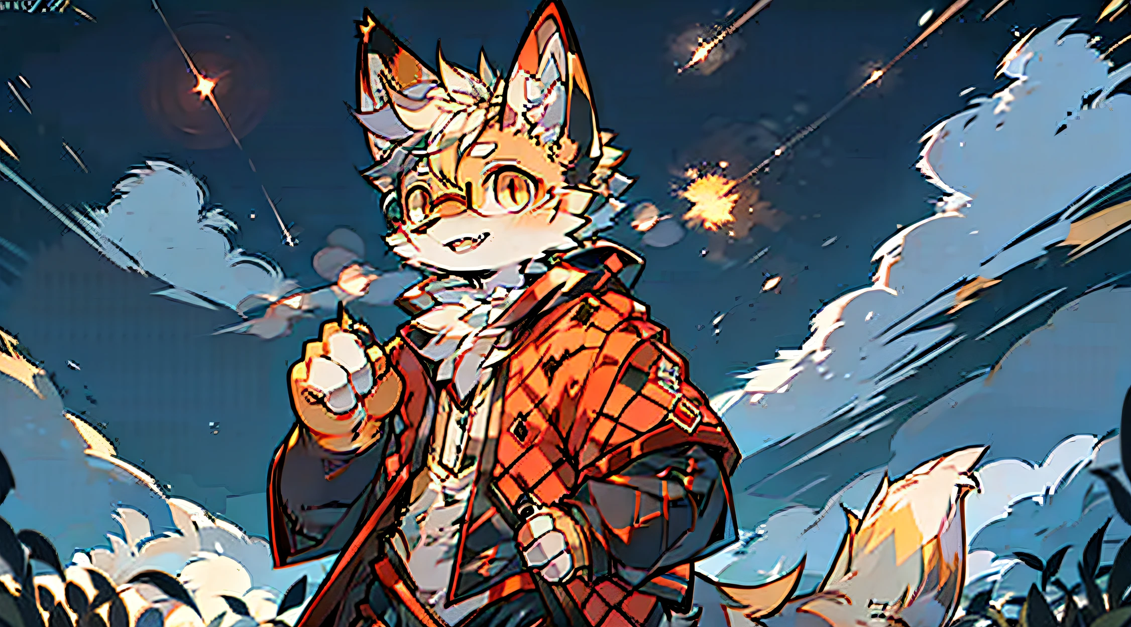 low-saturation，solo person，shaggy male，hairy chest，Big fluffy tail，red fox，Fox，canid，Pale yellow fur，Pale yellow hair，Red eyes，The eyes are dark，face expressionless，Showing tiger teeth，Long ears，Black ears，wears glasses，Dark gray robe，adventurer，standing in grassy field，Look up at the sky，fewer clouds，the night，meteor shower，The light is dim，Village background