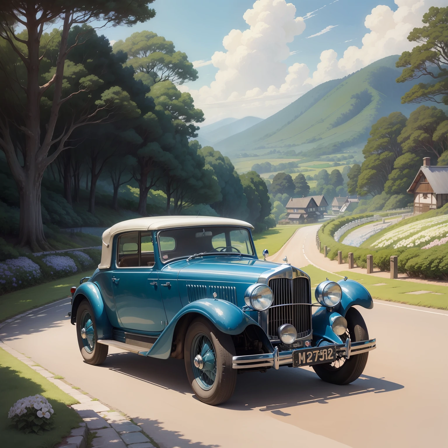 (((best qualtiy)))),realisticlying,Realiy,Beautiful and stunning scenery with a vintage sports car on the road oil painting studio Ghibli Sanao Miyazaki Ranch petals with blue sky and white clouds --v6