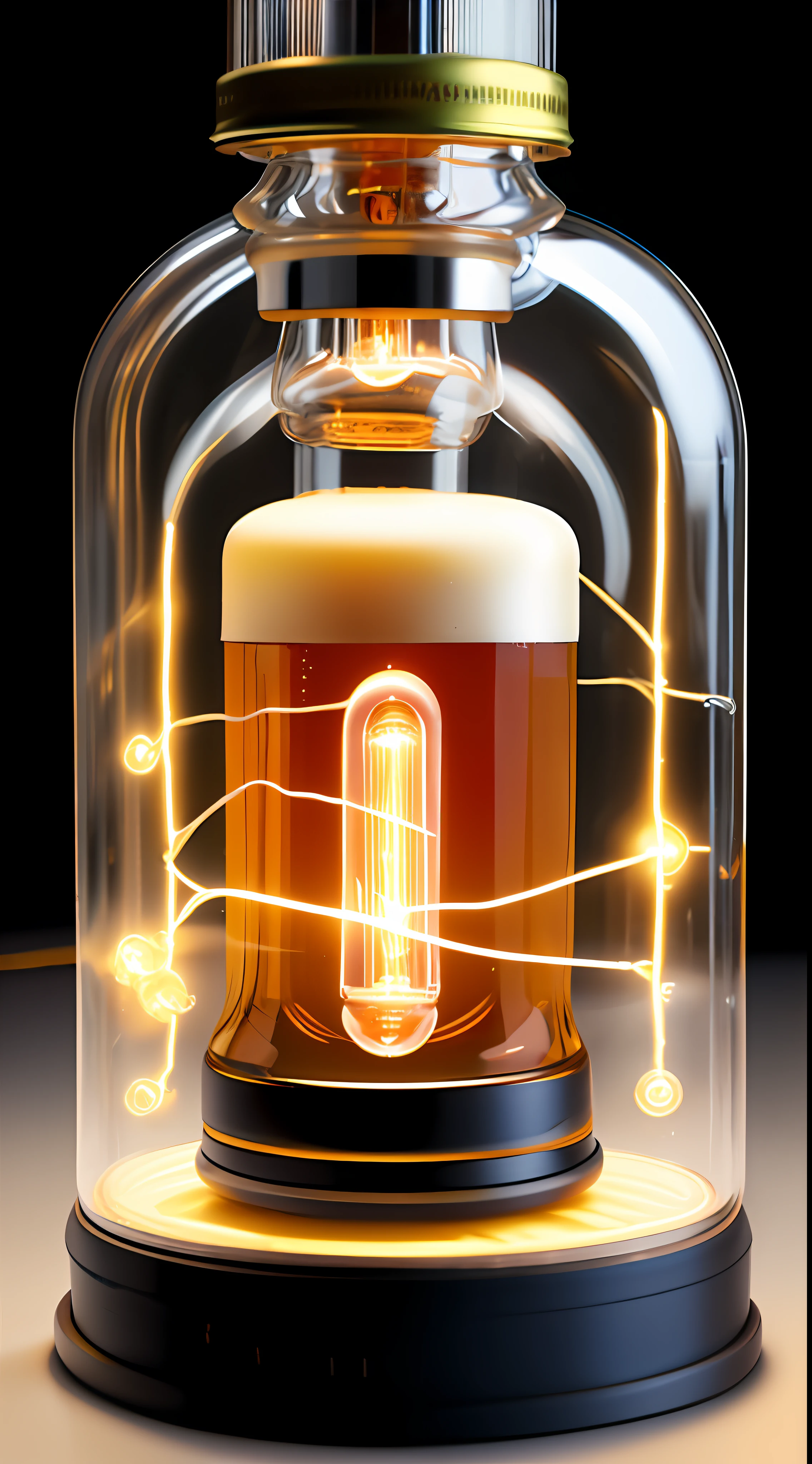 photore，Beer bottle shape transparent glass blind box device，There is a variety of beers in the installation，Close-up of a machine with a lamp inside（glassdevice style：1）