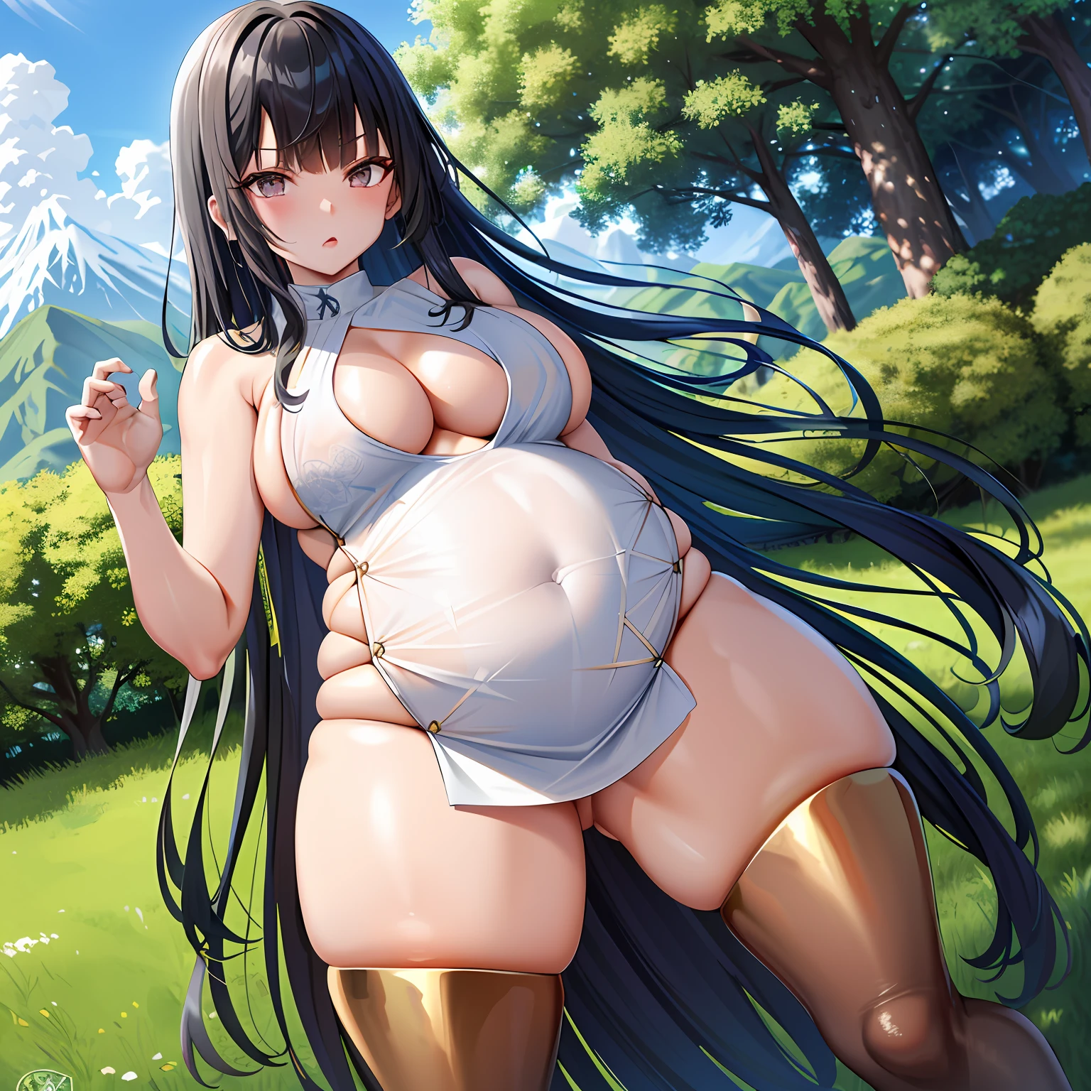 extremaly detailed cg，A high resolution，best qualtiy，tmasterpiece，（a beauty girl：1.3），（GameCG），Oekakizuki porcelain dress，ningguangrnd，breasts out，mountainous horizon，temple，Pregnant belly, maternity attire for pregnant women，maternity dress，pregnant belly，Pregnant belly