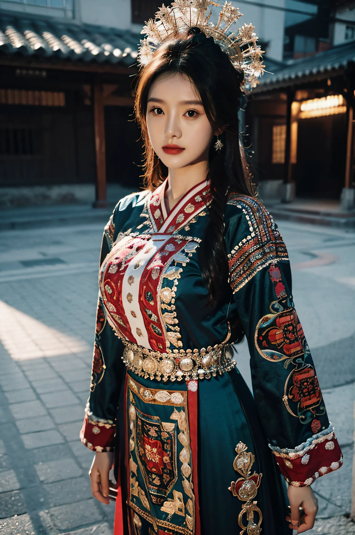 Hyperrealistic,）4K,35mm，hyper-high detail, Professional lighting, Best quality, 超高分辨率, Visually stunning, (1girll:1.1), （Hmong clothing ）,realskin,（Perfect body 1.3）Ultra-delicate face。