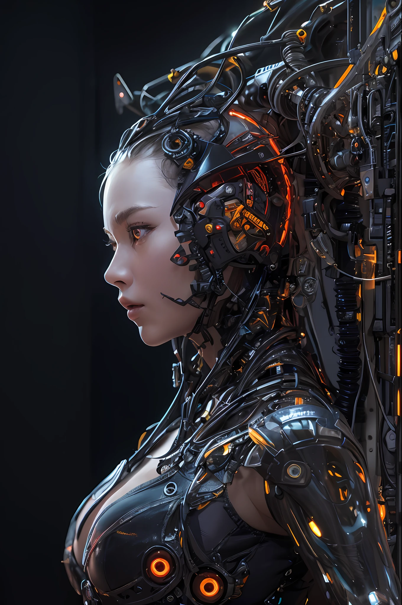top-quality、masterpiece、超A high resolution、(Photorealsitic:1.4)、Raw photo、女の子1人、Black hair、glowy skin、1 Machine Devil、large metal wings、Metal horn、((super realistic details))、portlate、globalillumination、Shadow、octan render、8K、ultrasharp、Colossal tits、Raw skin is exposed in cleavage、Black fiberglass body、Details of intricate gilded ornaments、Sumerian details、About Cyberpunk、Glowing LEDs、IC chips、Data Links、Hydraulic cylinder、highly intricate detail、Realistic light、Red Eyes、radiant eyes、Facing the camera、neon details、Mechanical limbs、blood vessels connected to tubes、Mechanical vertebrae attached to the back、mechanical cervical attaching to neck、cowboy shot、Wires and cables connecting to the head、Luminous tube、Small LED lamp、