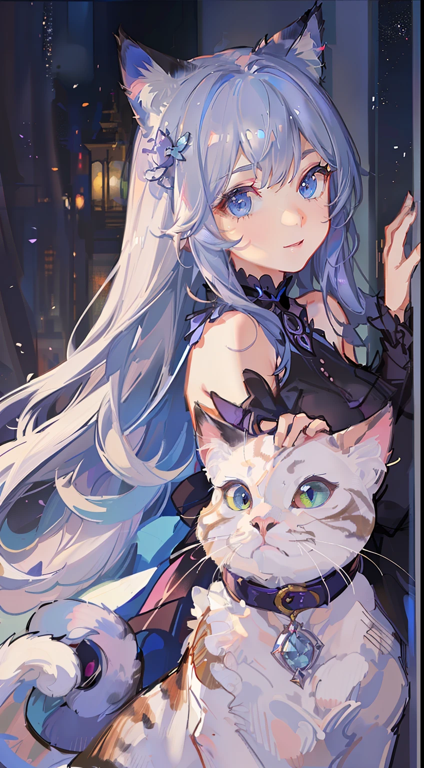 young girl, long purple hair, cat ears, cat tail, blue eyes, white luxury dress, Masterpiece, hiquality