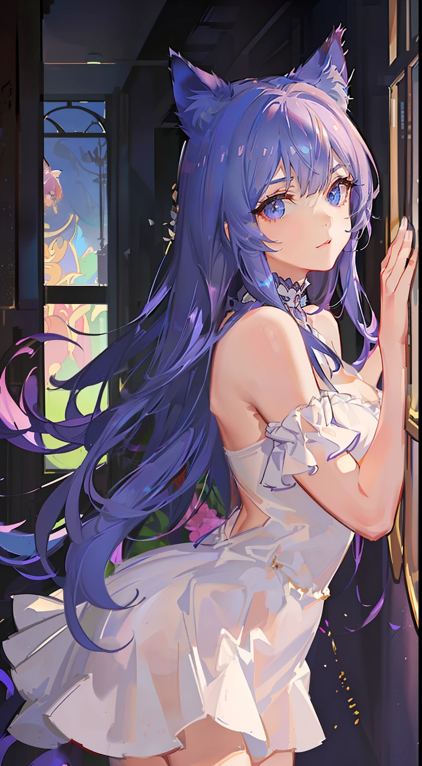 young girl, long purple hair, cat ears, cat tail, blue eyes, white luxury dress, Masterpiece, hiquality