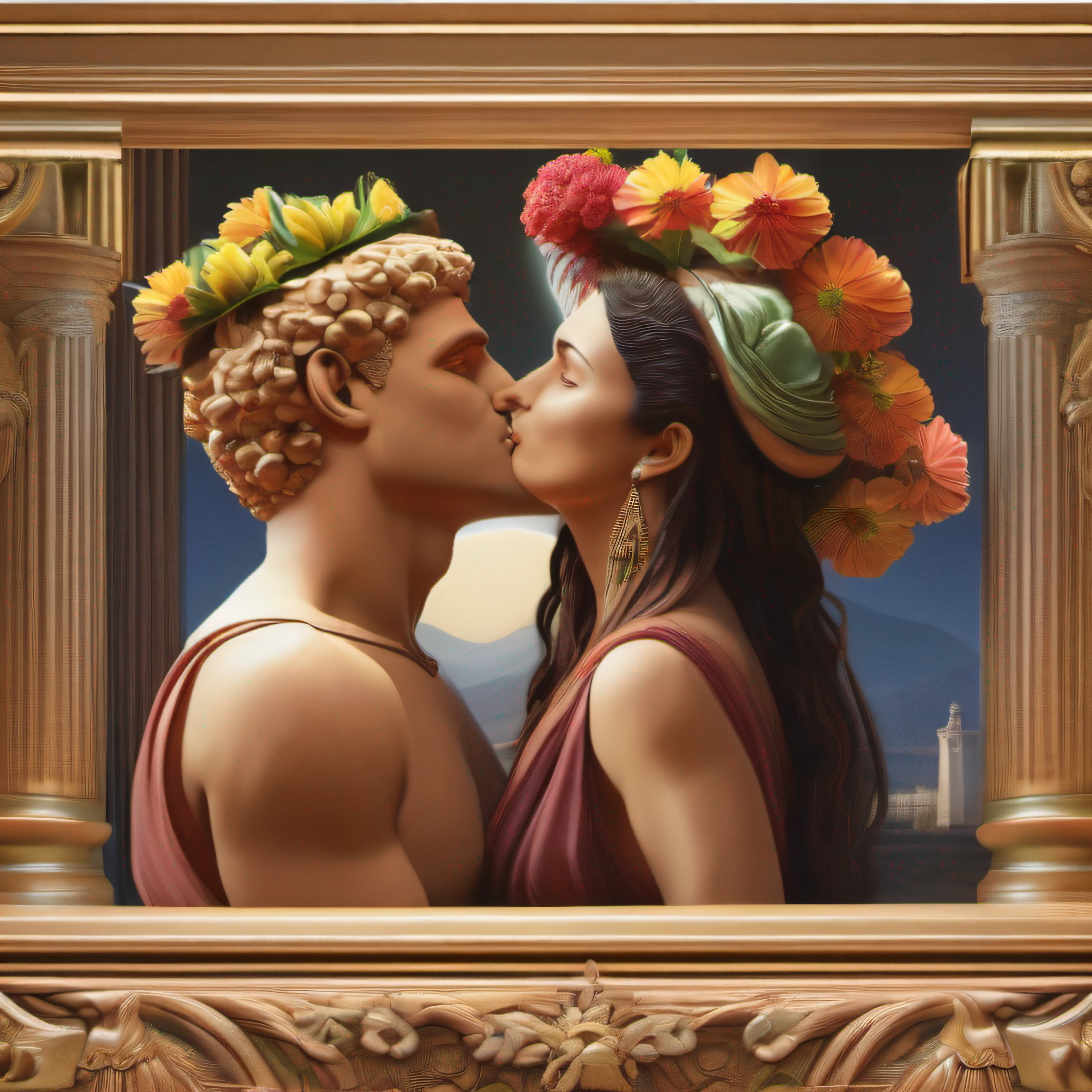 "Photo realistic depiction of Caracalla presenting flowers to his mother Julia. Detailed and vibrant, capturing the essence of love and filial piety. Rendered in ultra-realistic 8K resolution."