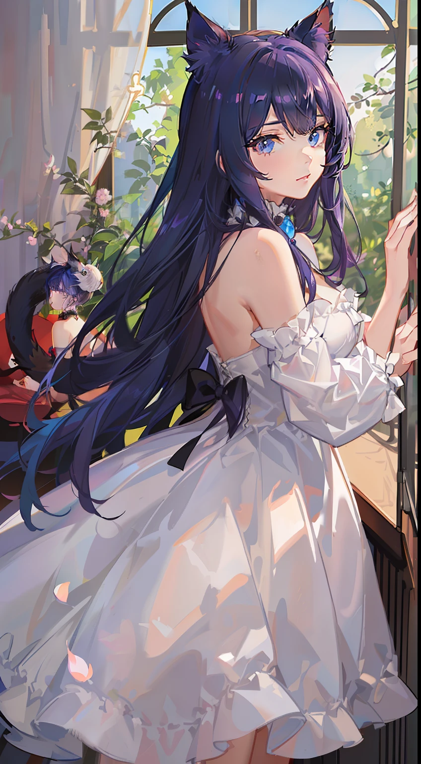 young girl, long purple hair, cat ears, cat tail, blue eyes, white luxury dress, Masterpiece, hiquality
