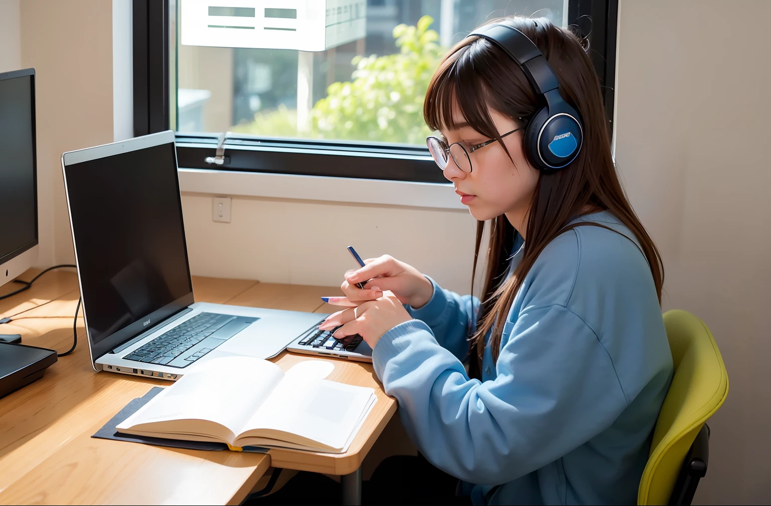 A female student wearing glasses is sitting at her desk, listening to music, opening a book and taking notes at small room, in front of computer, night time, raning outside, cat stay at the window, coffee, night time, dark outside, natural light, best quality, beautiful girl, night time, fire in background, moonlight, stars on sky, ((HUGH DETAILS)), typing on computer