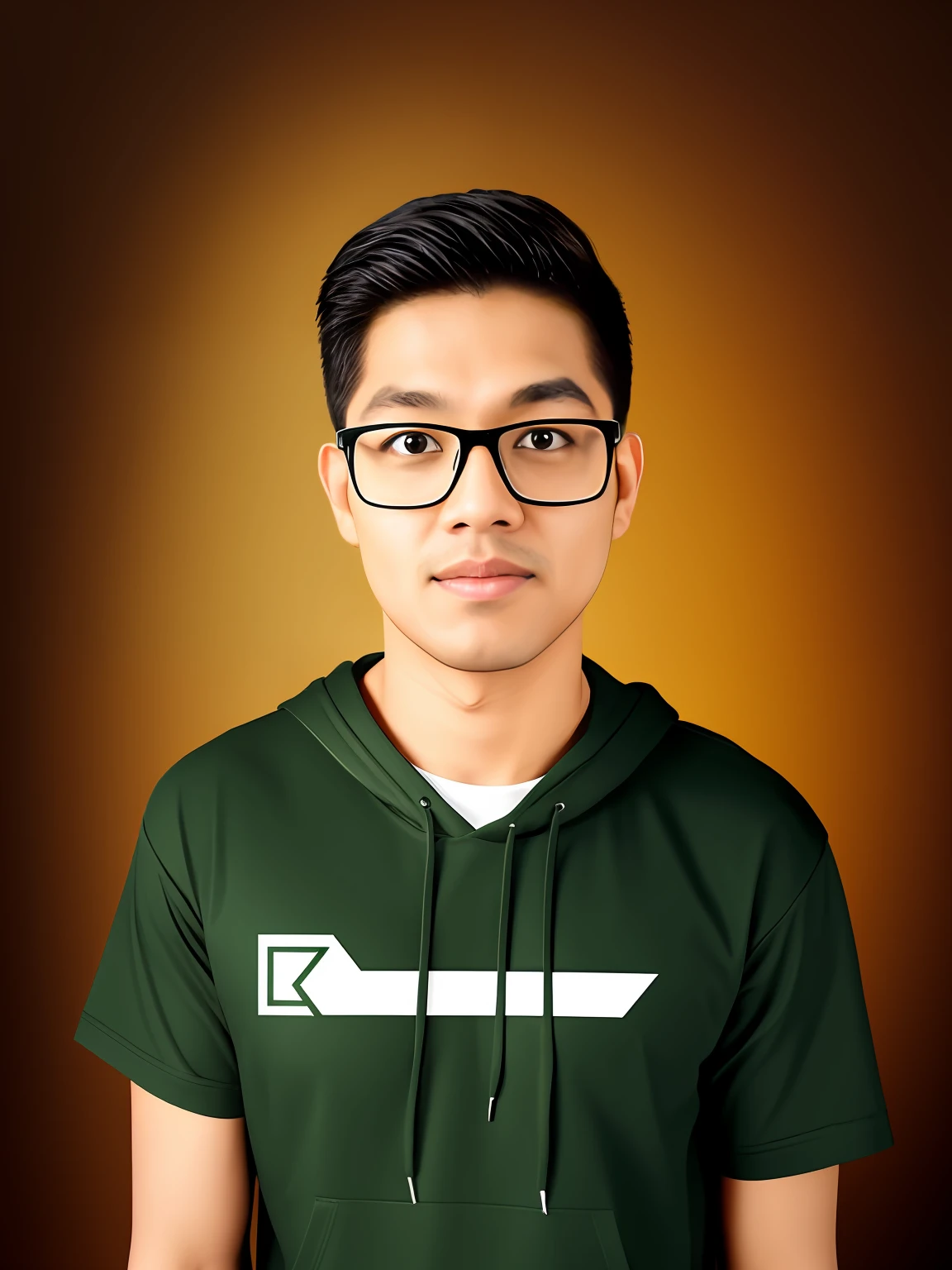 realistic face,background convert a gaming room,t-shirt converted designing green hoodie. eyeglass frame change to geometrical shape