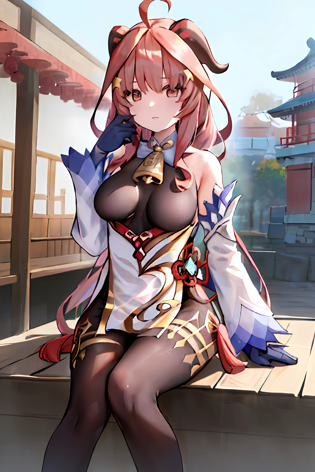 ganyu \(((genshin impact\))), 1girl, ahoge, arquitectura, flequillo, hombros desnudos, campana, guantes negros, pantimedias negras, ((cabello rojo)), rubor, pechos, nudo chino, mangas separadas, arquitectura de Asia oriental, nudo de flores, guantes, cuernos, cabello largo, mirando al espectador, pechos medianos, campana del cuello, noche, al aire libre, pantimedias, ojos azules, sidelocks, solo, borla, mangas blancas, ((obra maestra)), (((itsuki nakano)))
