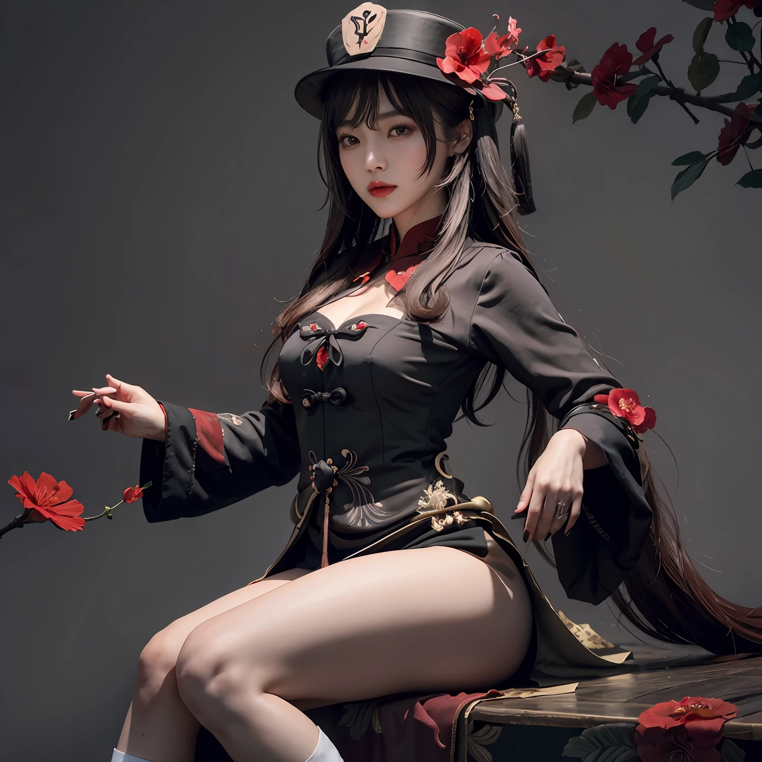 flower, red_flower, solo, hat, long_hair,hu hu tao \(genshin impact\),mature female, looking_at_viewer, upper_body, chinese_clothes, 1girl, hat_flower, brown_hair, closed_mouth, hibiscus, red_rose, spider_lily, bangs,kbxll
