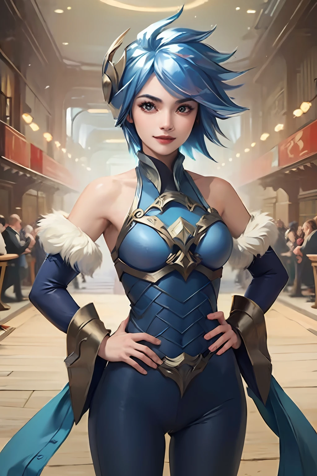 (Masterpiece:1.4), (best quality:1.2), frostblade irelia, 1girl, short hair, blue hair, bodysuit, detached sleeves, smile, upper body, cowboy shot,