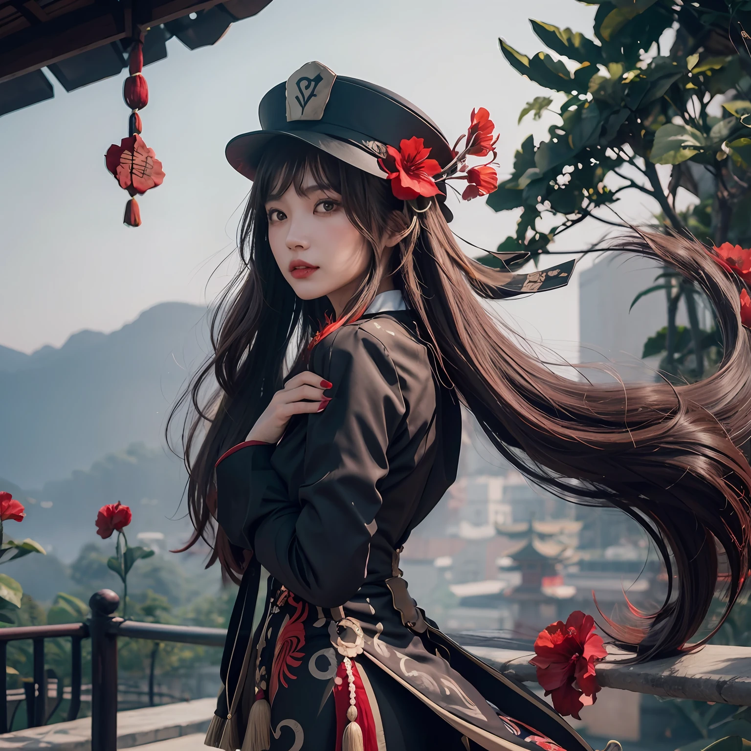 flower, red_flower, solo, hat, long_hair,hu hu tao \(genshin impact\),mature female, looking_at_viewer, upper_body, chinese_clothes, 1girl, hat_flower, brown_hair, closed_mouth, hibiscus, red_rose, spider_lily, bangs,kbxll