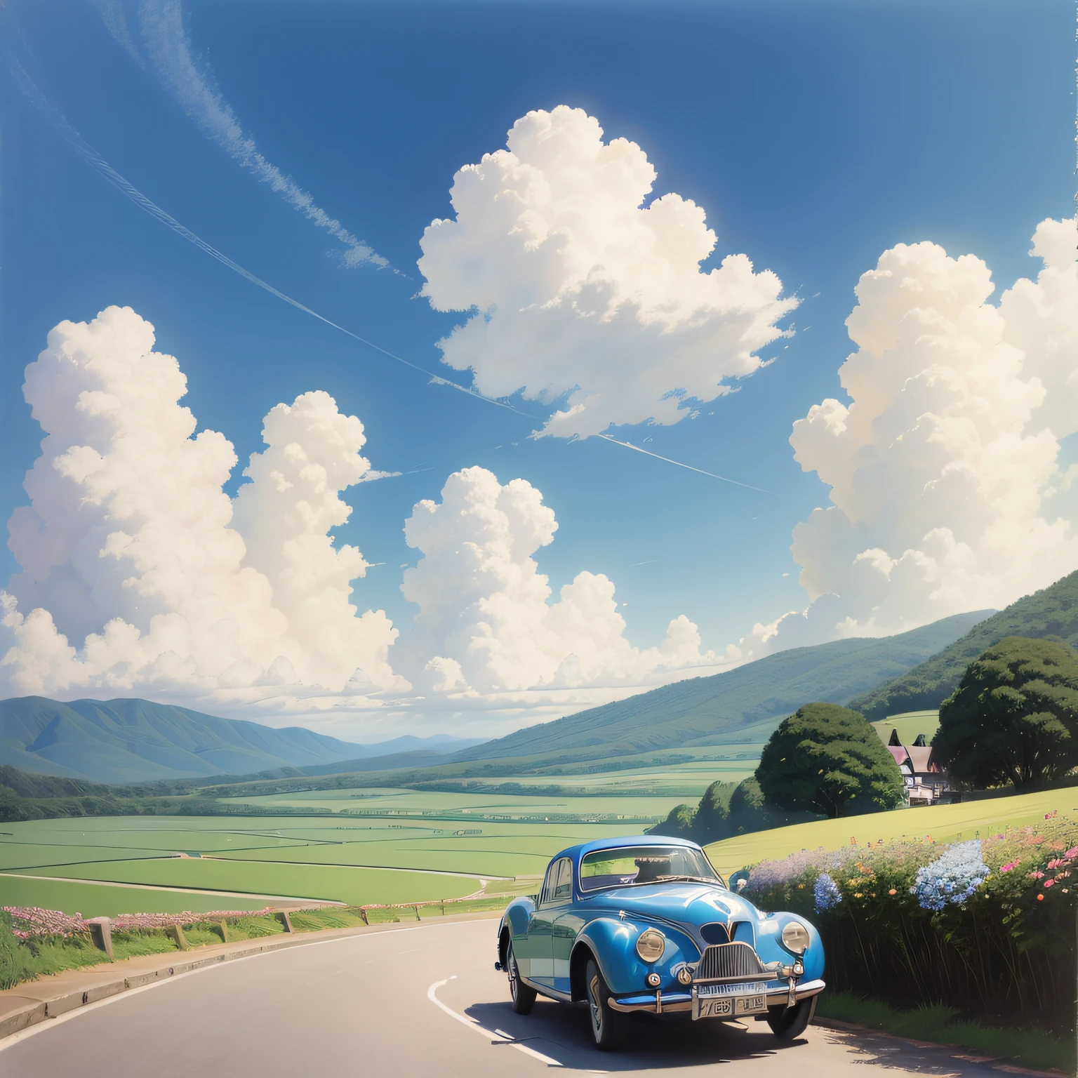 (((best qualtiy)))),realisticlying,Realiy,Beautiful and stunning scenery with a vintage sports car on the road oil painting studio Ghibli Sanao Miyazaki Ranch petals with blue sky and white clouds --v6