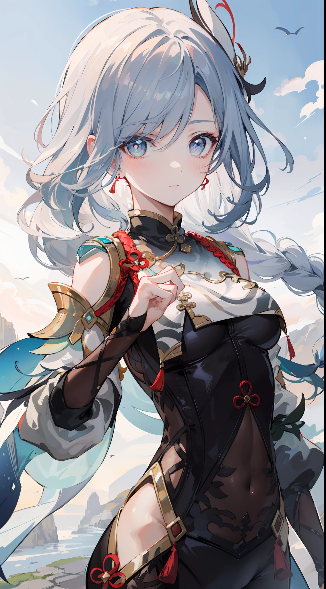 shenhedef, upper body, serious expression, blush, outdoors, futuristic skyscarper, eclipse sky, short hair, sky, looking at viewer, mountain, moody lighting, (perfect detail eyes:1.2), glowing eyes, (long hair one braid:1.2),
(Masterpiece, Best Quality, High Quality:1.4), professional artwork, Intricate Details, field of view, sharp focus, detailed painting, photorealistic lighting, trending on pixiv, (vivid lighting, vibrant colors:1.05), realistic shadows, ambient occlusion,