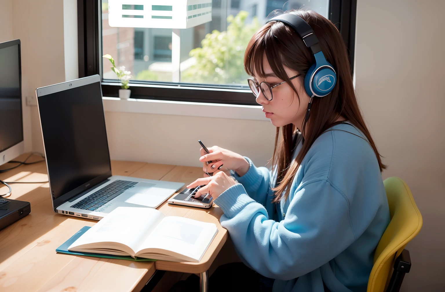 there is a woman sitting at a desk with a laptop and headphones, studying in a brightly lit room, studyng in bedroom, studious, studying, full subject shown in photo, girl wearing headphones, student, portrait shot, trying to study, high res, high-res, high - res, working on a laptop at a desk