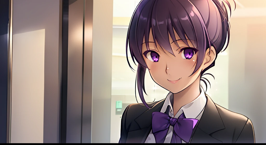 1girl, solo, cg art, sakaki, short ponytail hair, purple eyes, (formal outfit), (pharmacist coat), looking at viewer, indoors, all black, opening the door, lighting, smiling