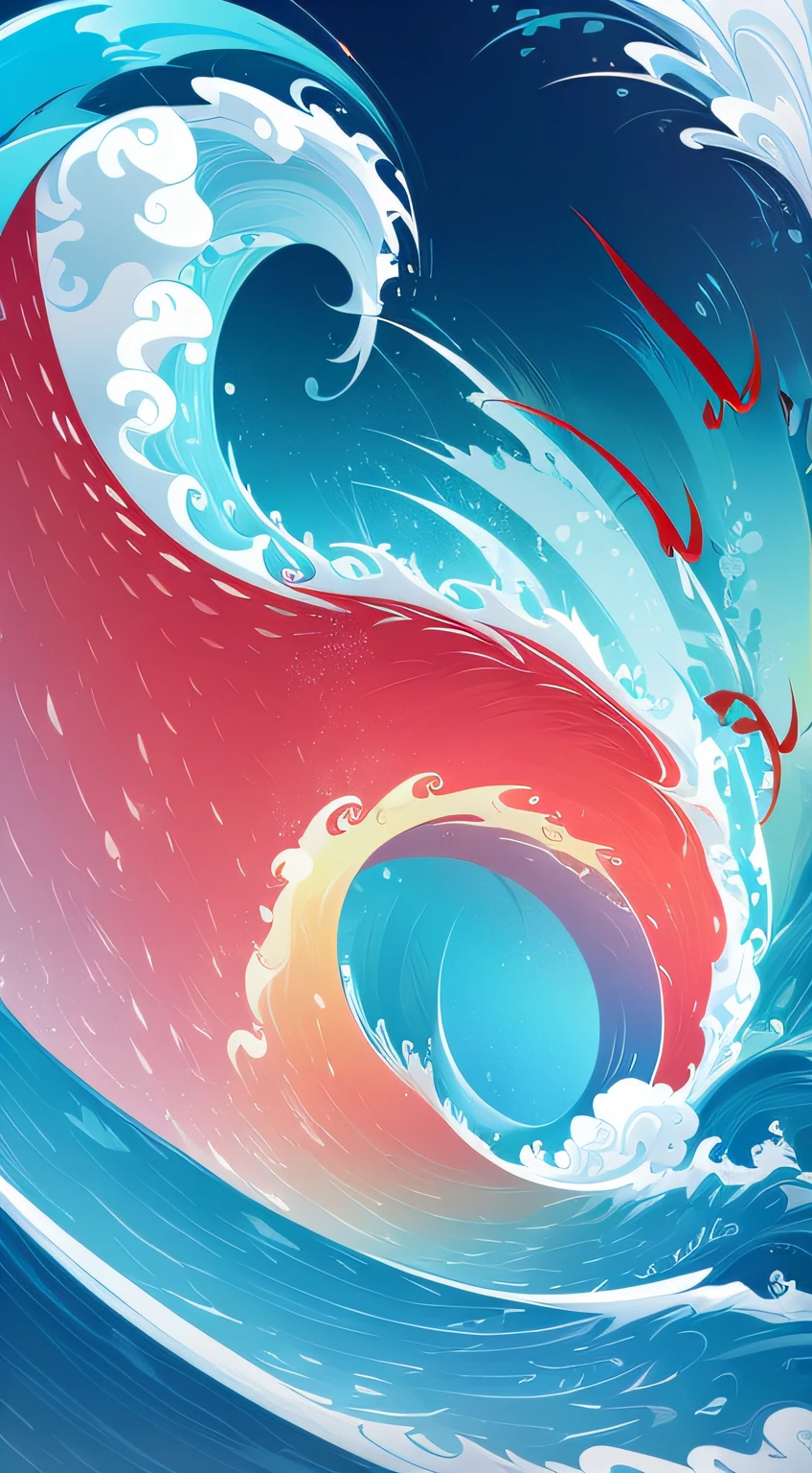There are red and blue waves,A red bird flew over it, A beautiful artwork illustration, stunning digital illustration, Inspired by Cyril Rolando, in the style of Cyril Rolando, cyril rolando and goro fujita, Stylized digital illustration, 4 k hd illustrative wallpaper, Beautiful digital illustration, very coherent stylized artwork, Adobe Illustrator Art