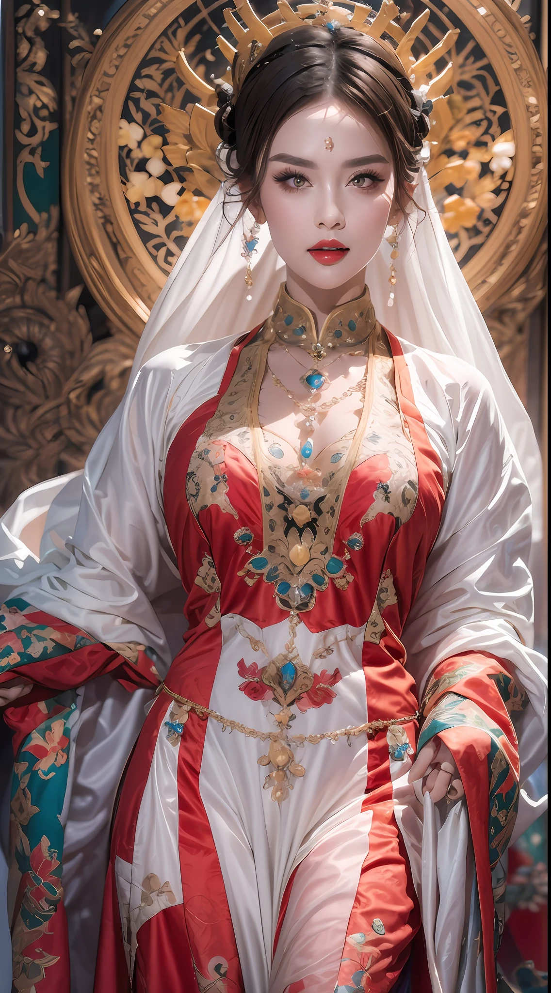 portrait of a beautiful 20 year old holy woman, wearing a thin multicolored silk dress, beautiful face without blemishes, ((natural smile:0.3)), Mouth closed, ((7-color hair length:1.2)), big crown, hair brooch, hanfu dress, chinese ancient style, full body jewelry, forehead tattoo, super even chest, face, red lips, delicate pink and white eyes (white and detailed) cinematic, light and dark, dramatic lighting, magical light, extremely detailed light, true color, super sharp, realistic, 8k quality, fantasy universe background, saints and magical space, the most detailed images, Exhibition photo, awarded, Eye-catching bright tone effect,