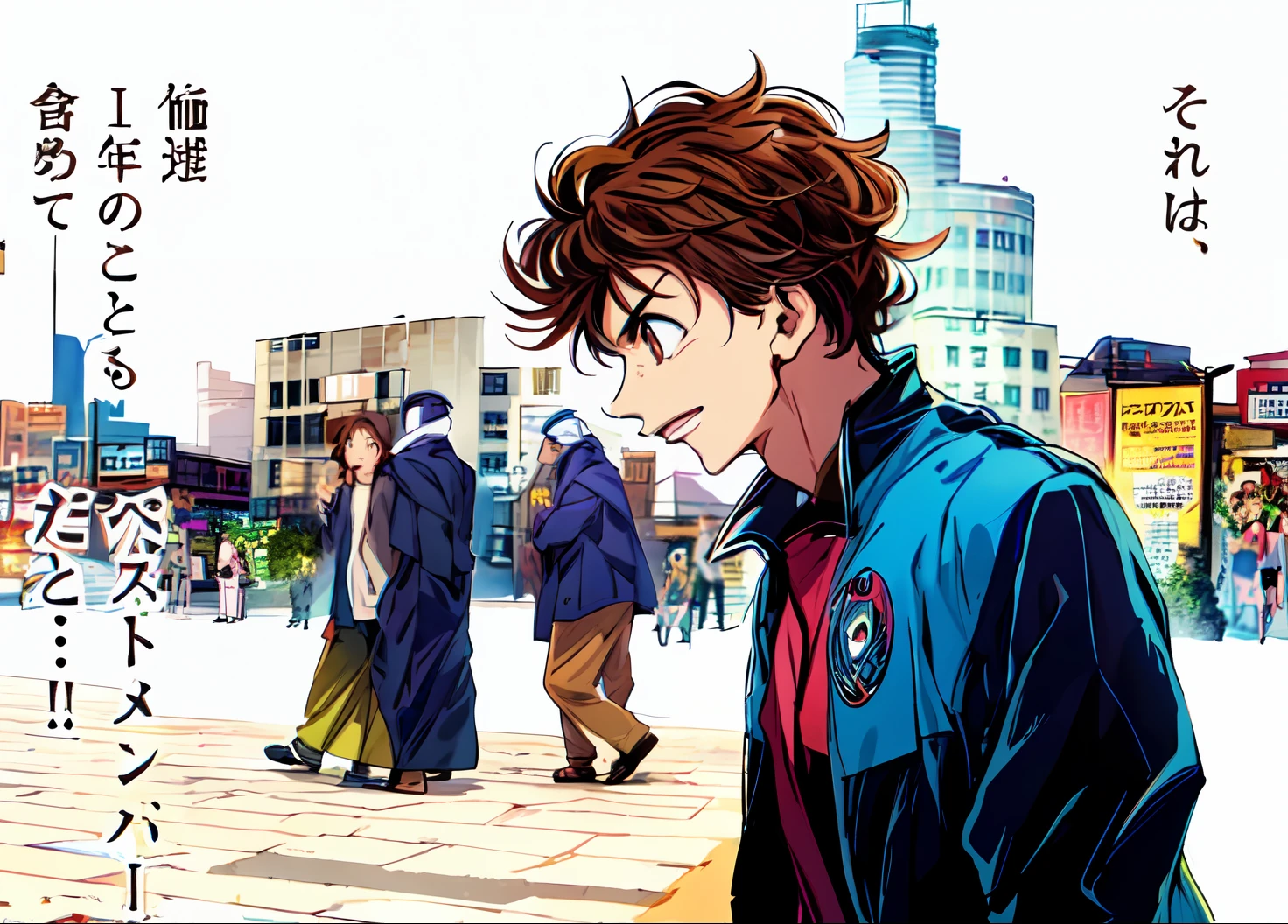 a anime of a boys manga, brown hair color, jacket, from side view, side view, text manga, color manga, manga color, color manga, color manga panel, simple background, cpuntry of muslims background