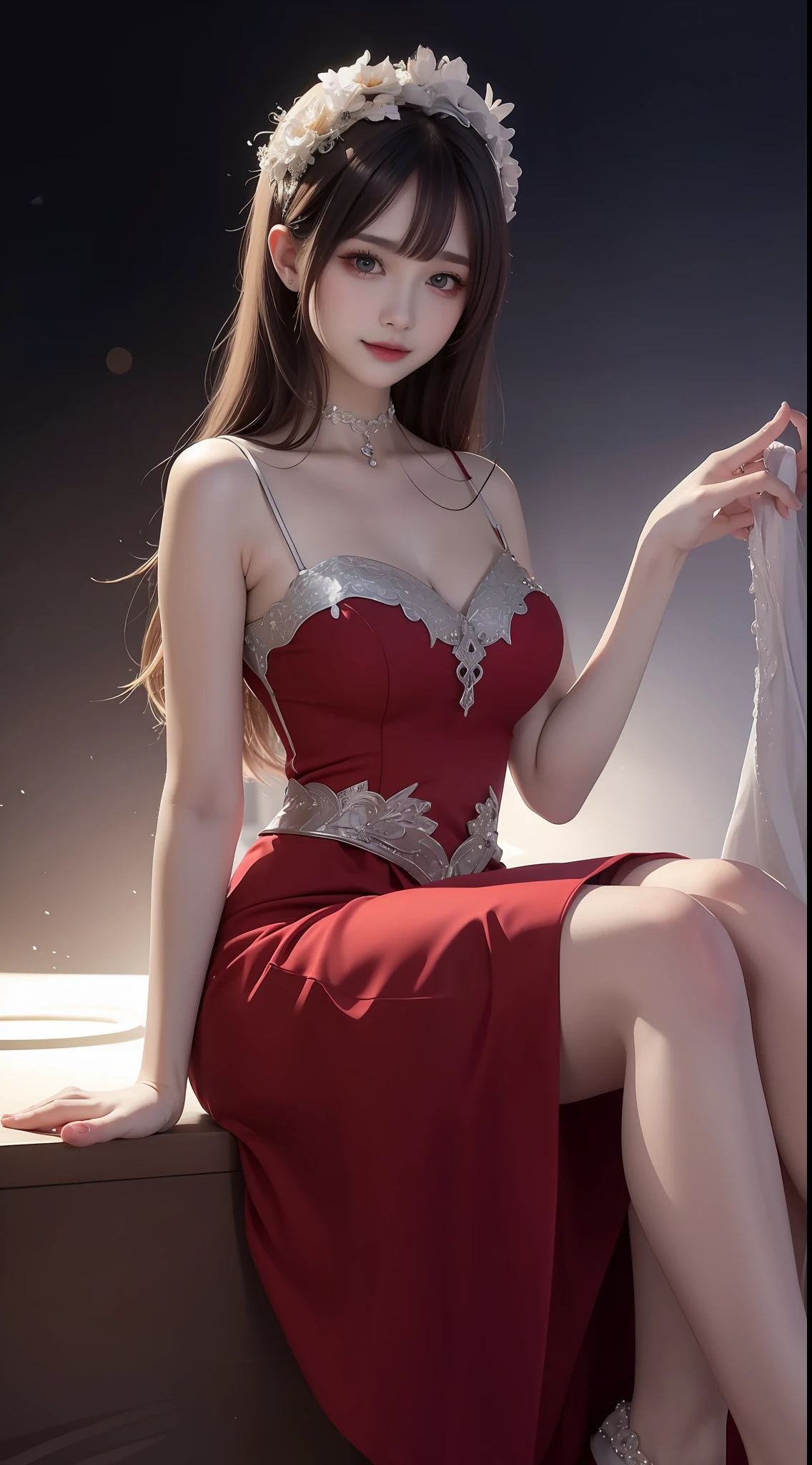 8K uhd, materpiece, a beautiful girl, detaild eye, good face, good skin, beautiful dress, red skirt, short skirt, party skirt, fantacy, shining, high light, sitting, whole body capture,