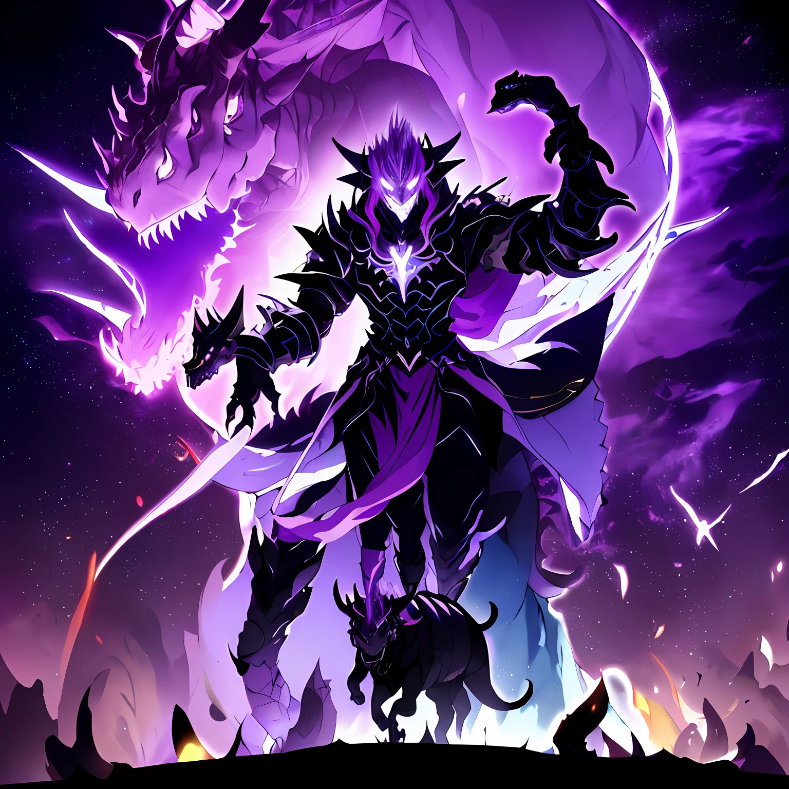 Anime characters in dark room with purple background, Overlord!!!, From Overlord, transforming into his final form, the former demon king, shalltear from overlord, the wallpaper!, Epic anime style, a massive celestial giant god, style of duelyst, Game art!!, Best anime 4k konachan wallpaper, reaper of night!!!!, offcial art,(A four-legged walking magic dragon!),Feared presence,(The prototype references Triceratops:1.3)