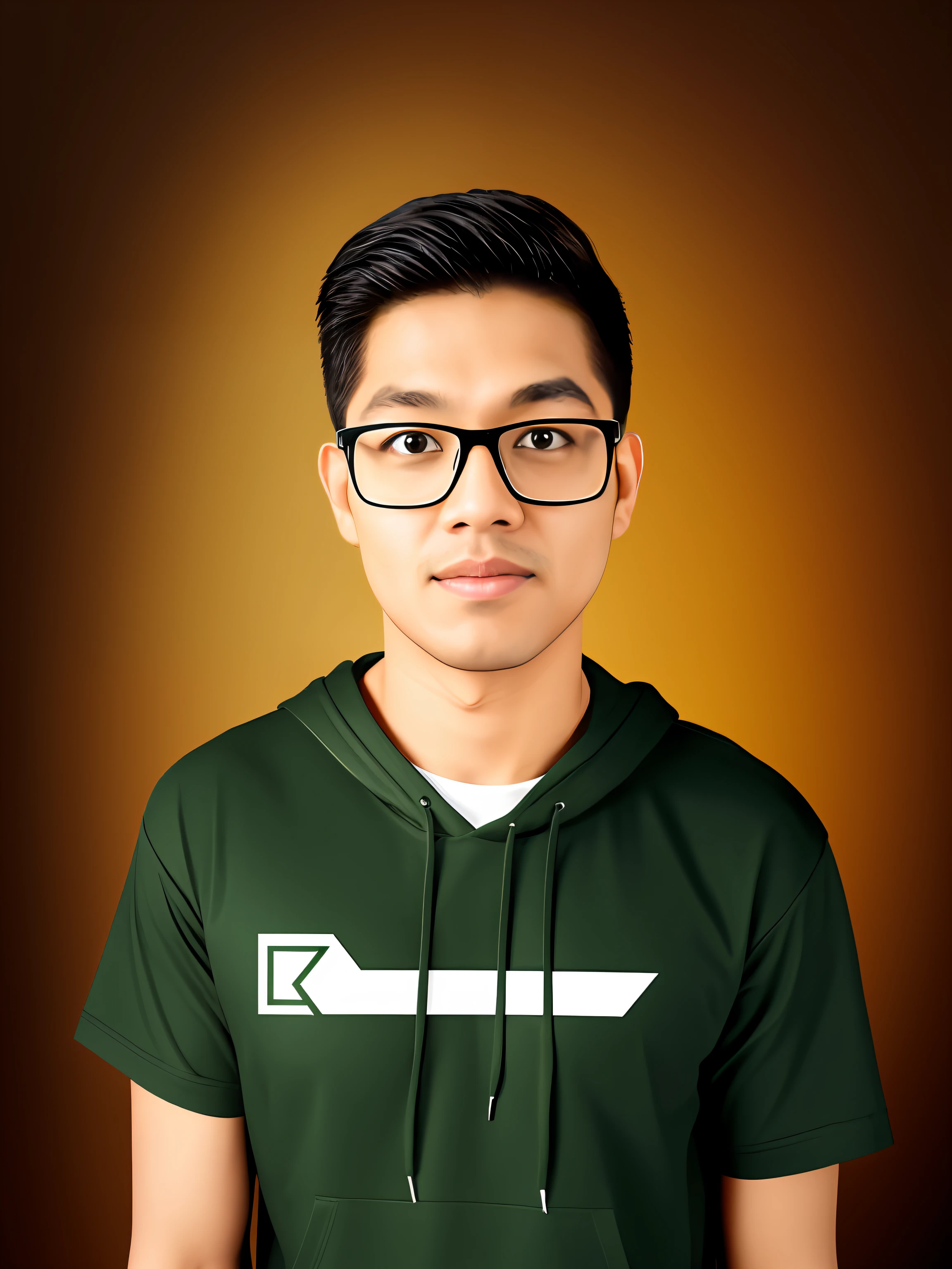 realistic face,background convert a gaming room,t-shirt converted designing green hoodie. eyeglass frame change to geometrical shape
