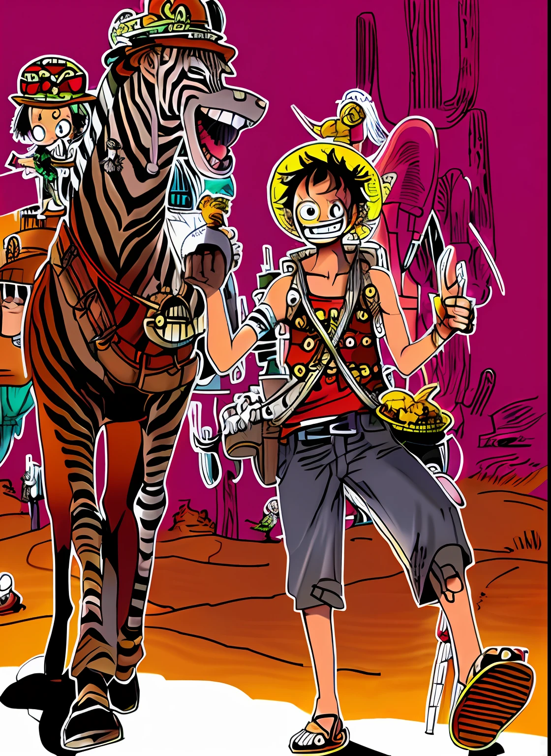 Coloring page of zebra and man in the desert, Inspired by Eiichiro Oda, Eiichiro Oda style,author:Joichiro Oda, Luffy (One Piece, luffy from one piece, One Piece style, perfect lineart, style of eiichiro oda, monkey d luffy,