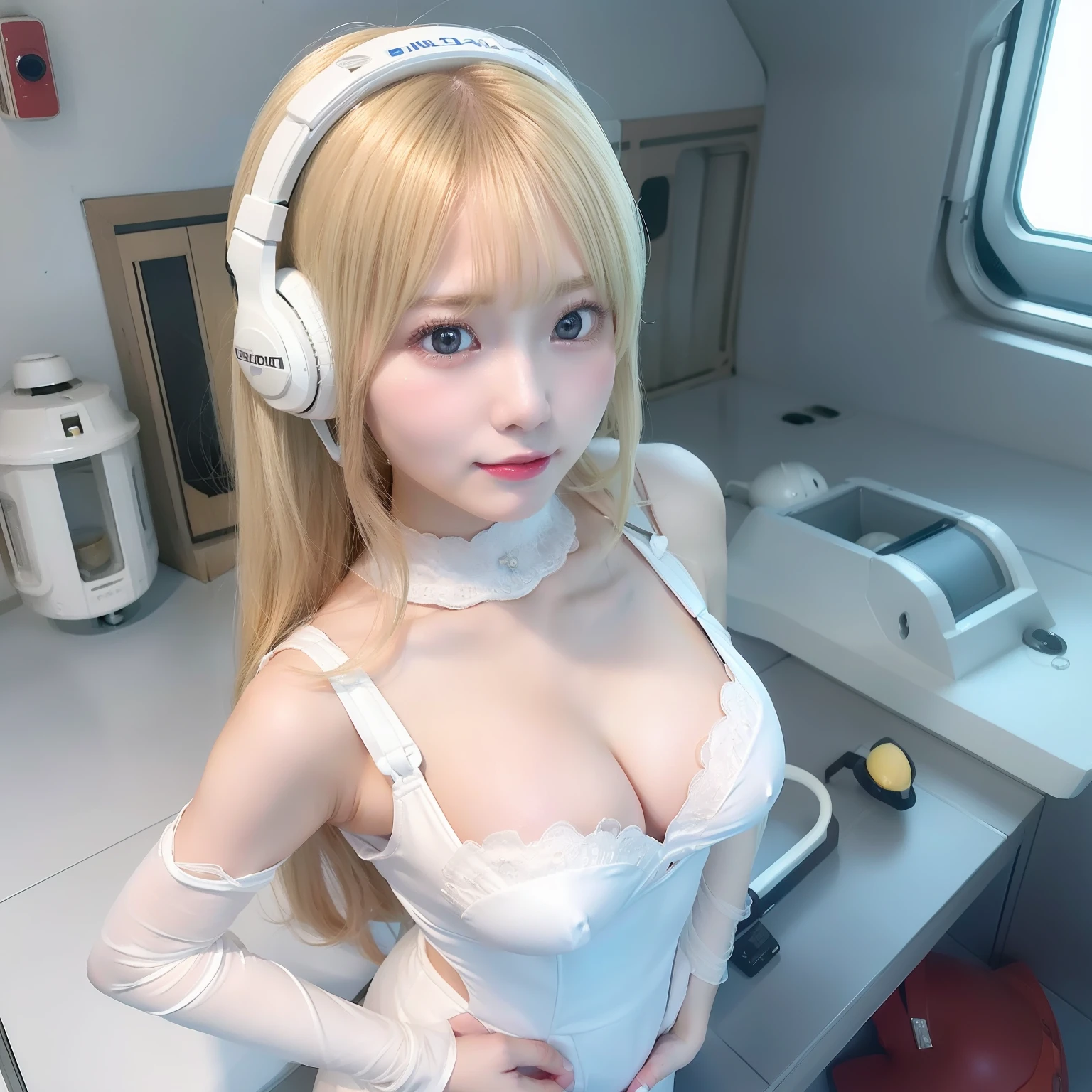 (Overhead view),dynamic ungle,ultra-detailliert, illustratio, a closeup, straight-on,japanes, 1girl in,realisitic,(realisticeyes:1.2)、(beauitful face:1.3)、Slim body、White glowing skin、medium breasts⁩、cleavage of the breast、 ((Souryu Asuka Langley、Interface headset、red body suit:1.4、a blond))、Her eyes shone like dreamy stars(radiant eyes:1.233)、(beautifully detailed eyes:1.1)、(deadpan、a closed mouth)、(is standing)、 (Mechanic's room with tools and spaceship window in white spaceship)、 (natta:1.2)、dream-like、[[Delicate fingers and hands:0.55]::0.85]、
