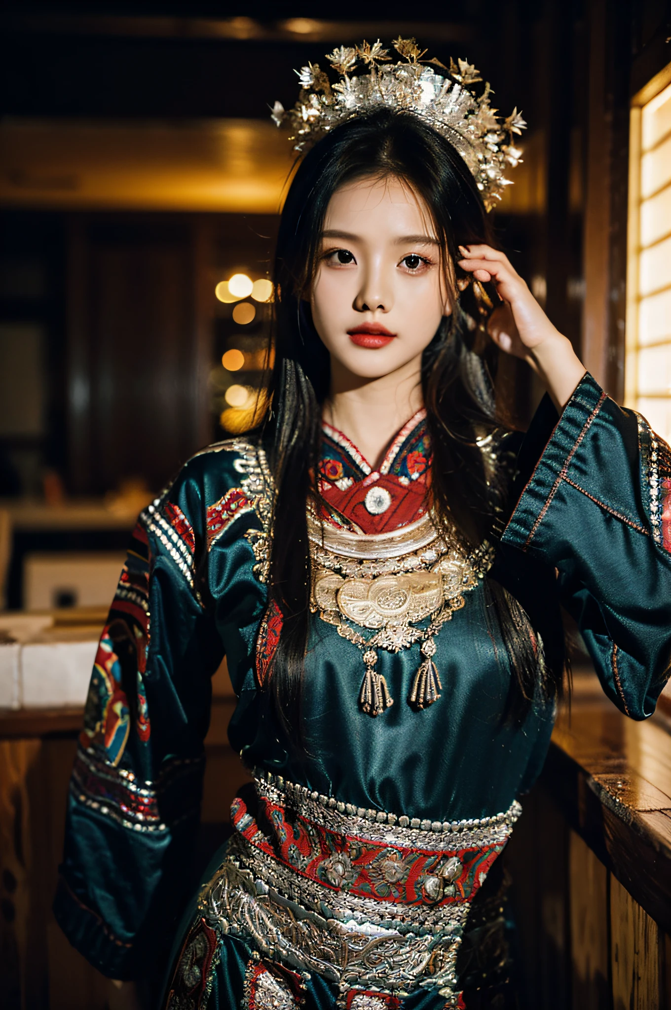 Hyperrealistic,)4K,35mm,hyper-high detail, Professional lighting, Best quality, Ultra-high resolution, Visually stunning, (1girll:1.1), (Hmong clothing ),realskin,(Perfect body 1.3)Ultra-delicate face。