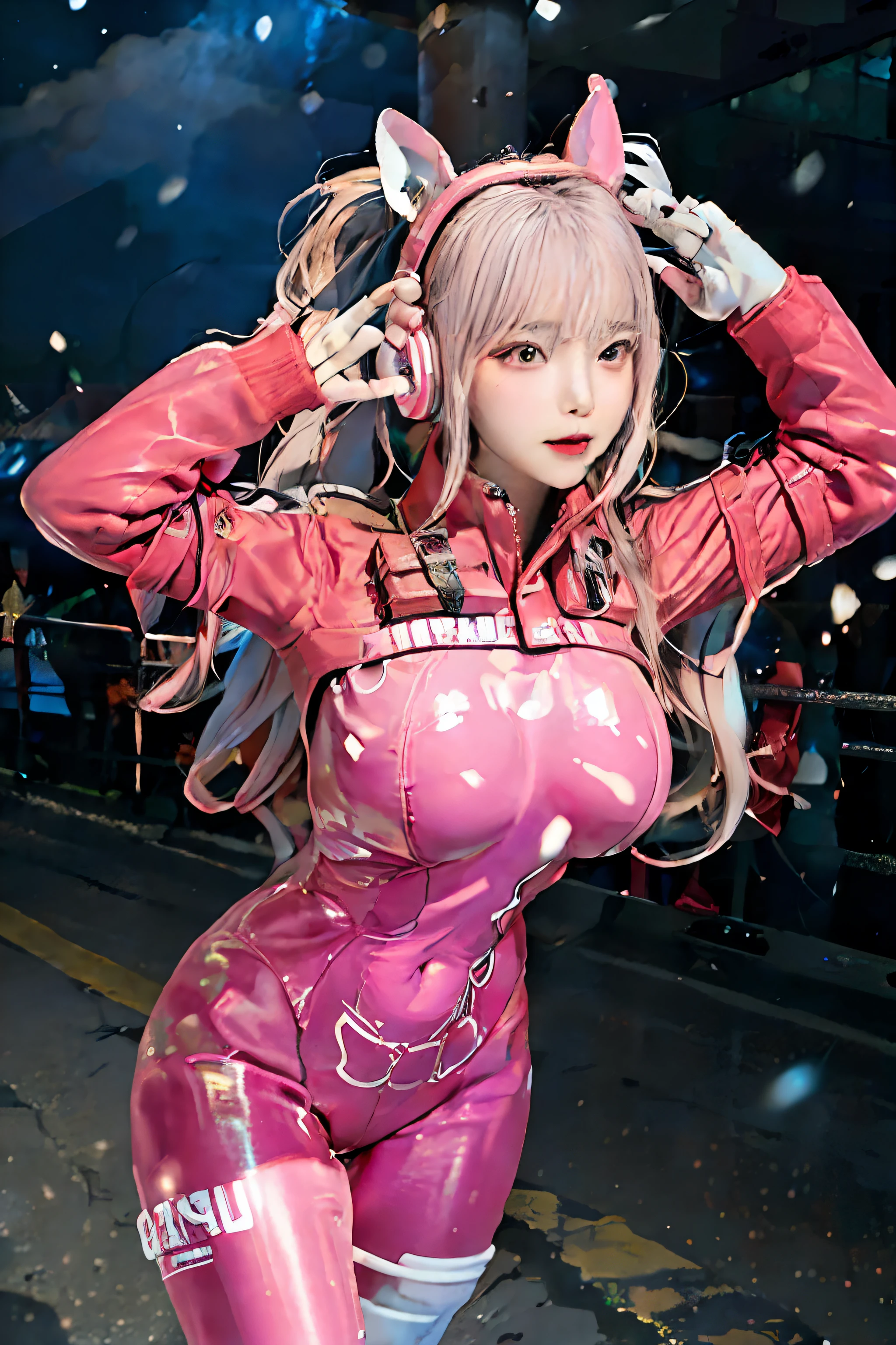 (RAW photo, best quality, masterpiece:1.2), (realistic, photo-realistic:1.4),(masterpiece:1.4),(best quality:1.4),1girl, solo, :d, animal ear headphones, animal ears, arms up, bangs, blush, bodysuit, breasts, bunny pose, clothes writing, covered navel, cowboy shot, cropped jacket, fake animal ears, gloves, outdoor,morning,snow, hair intakes, headphones, impossible bodysuit, impossible clothes, jacket, large breasts, latex, latex bodysuit, long hair, long sleeves, looking at viewer, large breasts, multicolored gloves, open mouth, pink bodysuit, pink eyes, red eyes, red jacket, shiny clothes, shrug \(clothing\), sidelocks, skin tight, smile, thigh gap, thighs, twintails, very long hair, white gloves, white hair,alice \(nikke\),(shiny skin),realistic,