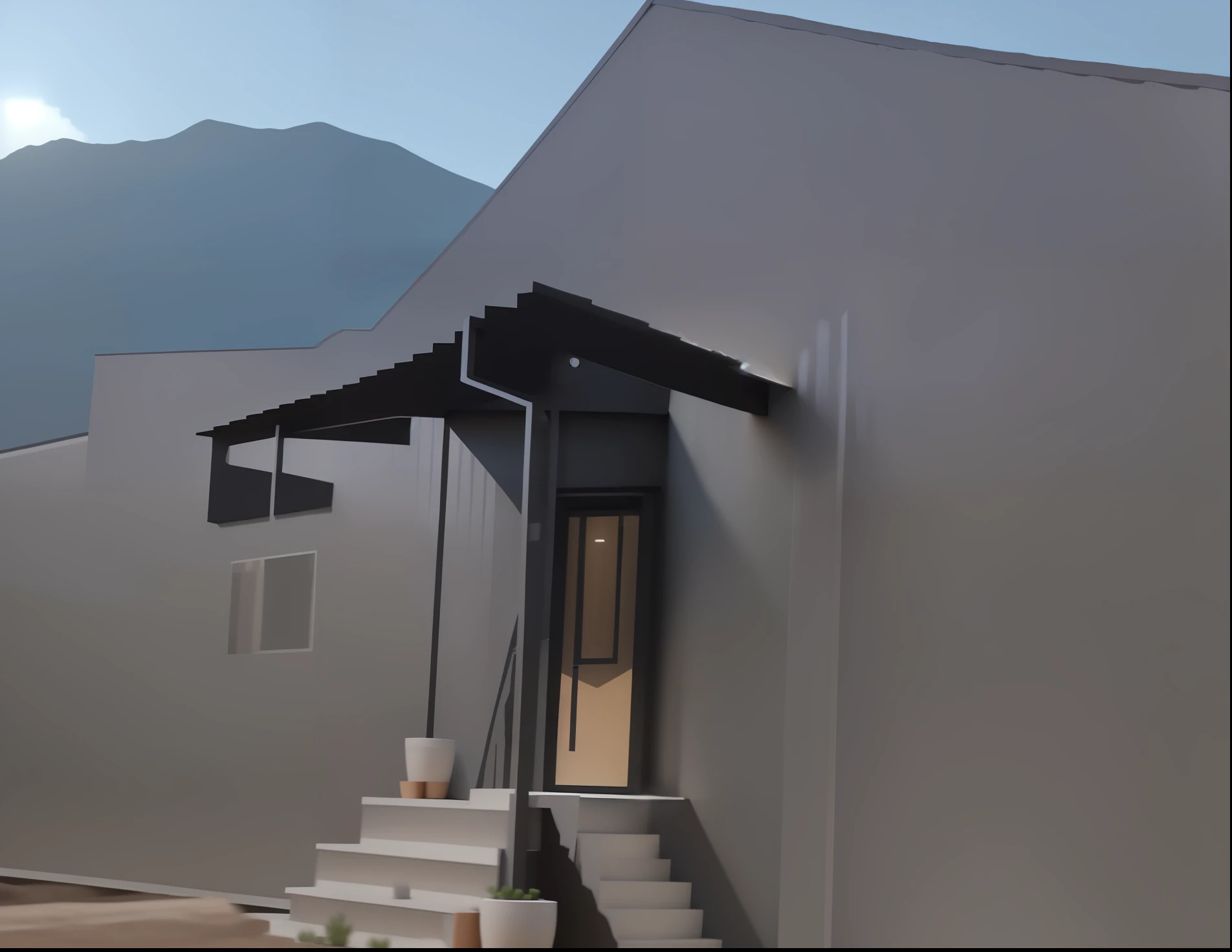 There is a small building，There are doors and stairs in front, Molten metal room, Metal cladding walls, iron cladding, Black steel construction, zoom out view, YouTube video screenshots, wide angle exterior 2022, [ 4 K photorealism ], 3D printed architecture, exterior wide shot, 4 0 9 6, houdini render