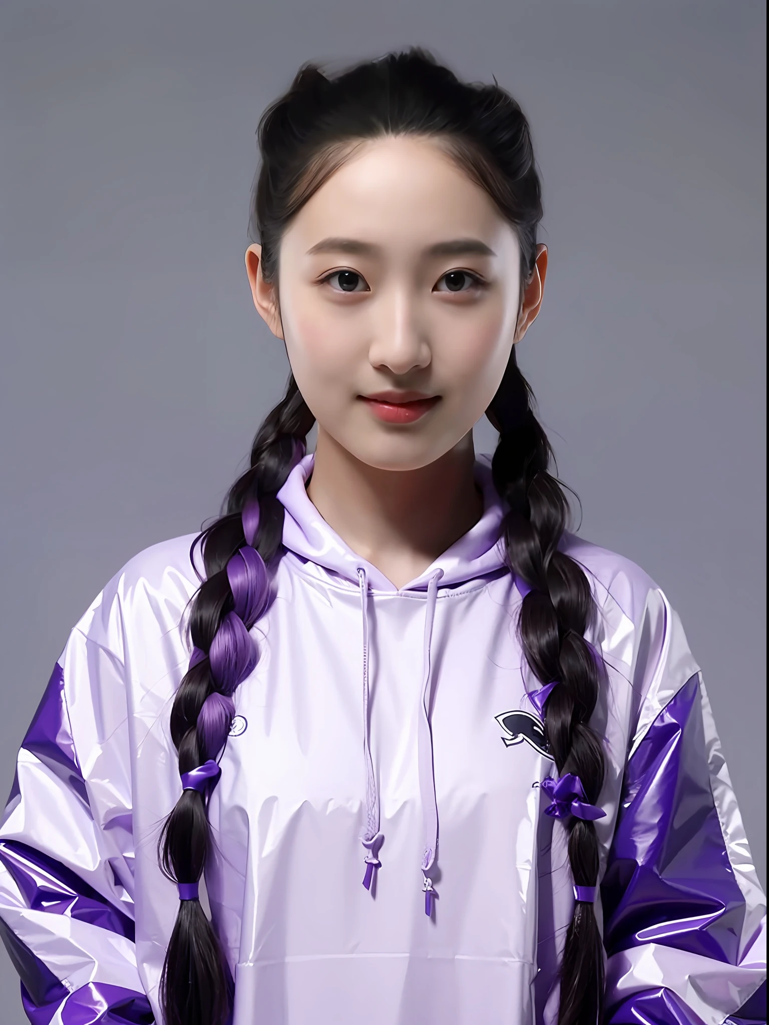 A Chinese high school girl,Wearing a purple PVC sweatshirt,long braid