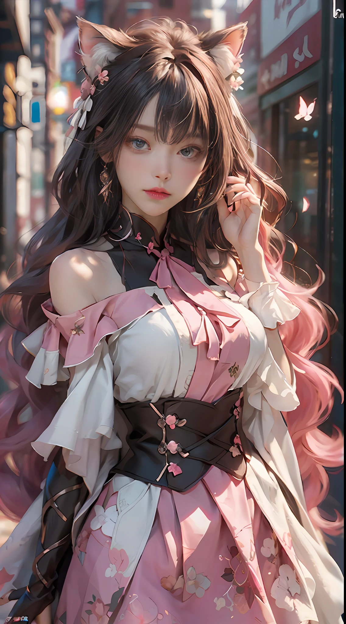 （（best qualtiy））， （（tmasterpiece））， （detail：1.4）， Beautiful cyberpunk female images，nffsw（HighDynamicRange），Ray traching，NVIDIA RTX，Hyper-Resolution，illusory 5，Sub-surface scattering，PBR Textures，post processed，Anisotropy Filtering，depth of fields，maximum definition and sharpness，multi-layer texture，Albedo e mapas Speculares，Surface Coloring，Mitsu-Accurate simulation of material interactions，Perfectly proportioned，rendering by octane，Two-colored light，Large aperture，Low ISO，White Balance，Rule three points、8K raw data、Beautiful bright red pupils，Off-the-shoulder clothing，Fine pupils，Delicate face and eyes，long eyelasher，Blushlush，Delicate and fluffy hair，Pink lip，pure，Cute face，Sweet girl，Artistic sense，Casual wear，Advanced Sense，butterflys，Cherry blossom petals，Beautiful Hair Accessories，long hair and waist，Hair fluttering in the wind，Snow White cat ears，Curly