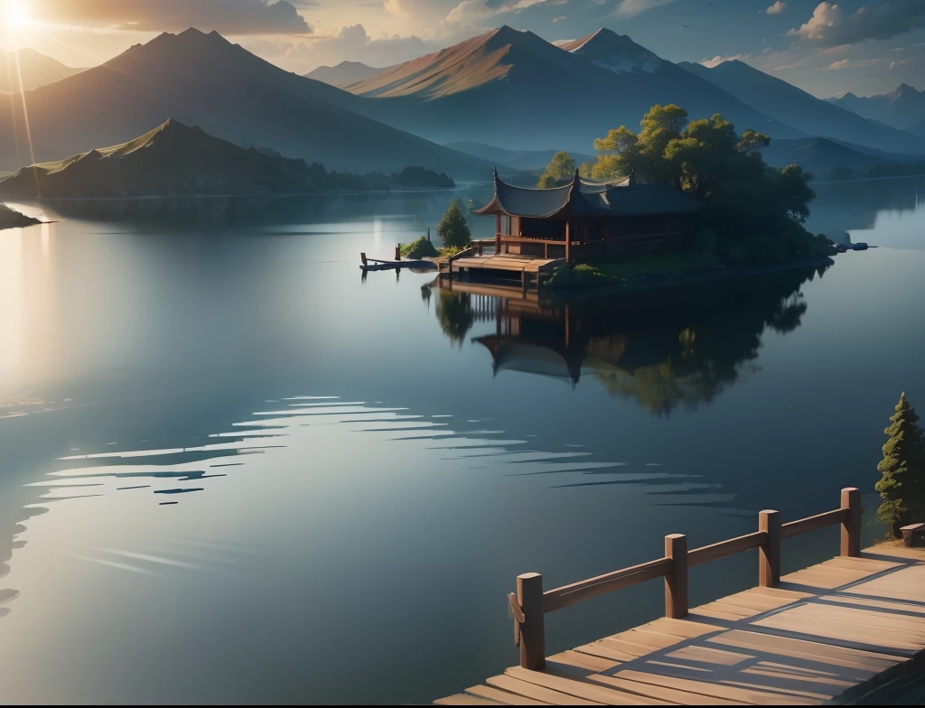West lake，island landscape,small dock,The Blue Lagoon has three islands,Lake in the background,A digital painting,detailed lake in background，There is a lot of vegetation in the mountains，Good-looking clouds，There are gazebos on the island，There are several cruise ships，Beautiful light and shadow，White clouds reflect on the surface of the water，Beautiful and detailed mountains，Ultra-clear light and shadow。