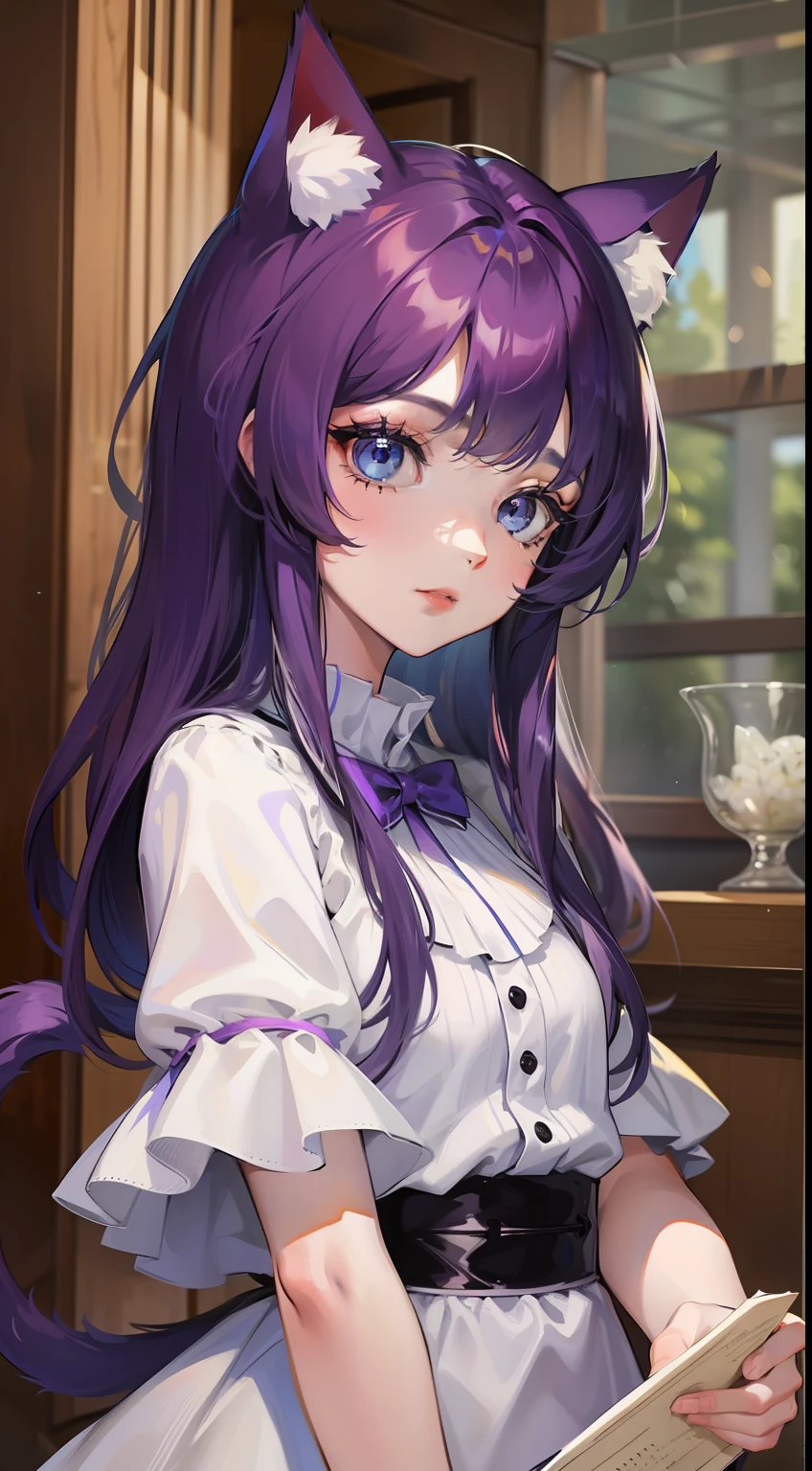 young girl, long purple hair, cat ears, cat tail, blue eyes, white luxury dress, Masterpiece, hiquality