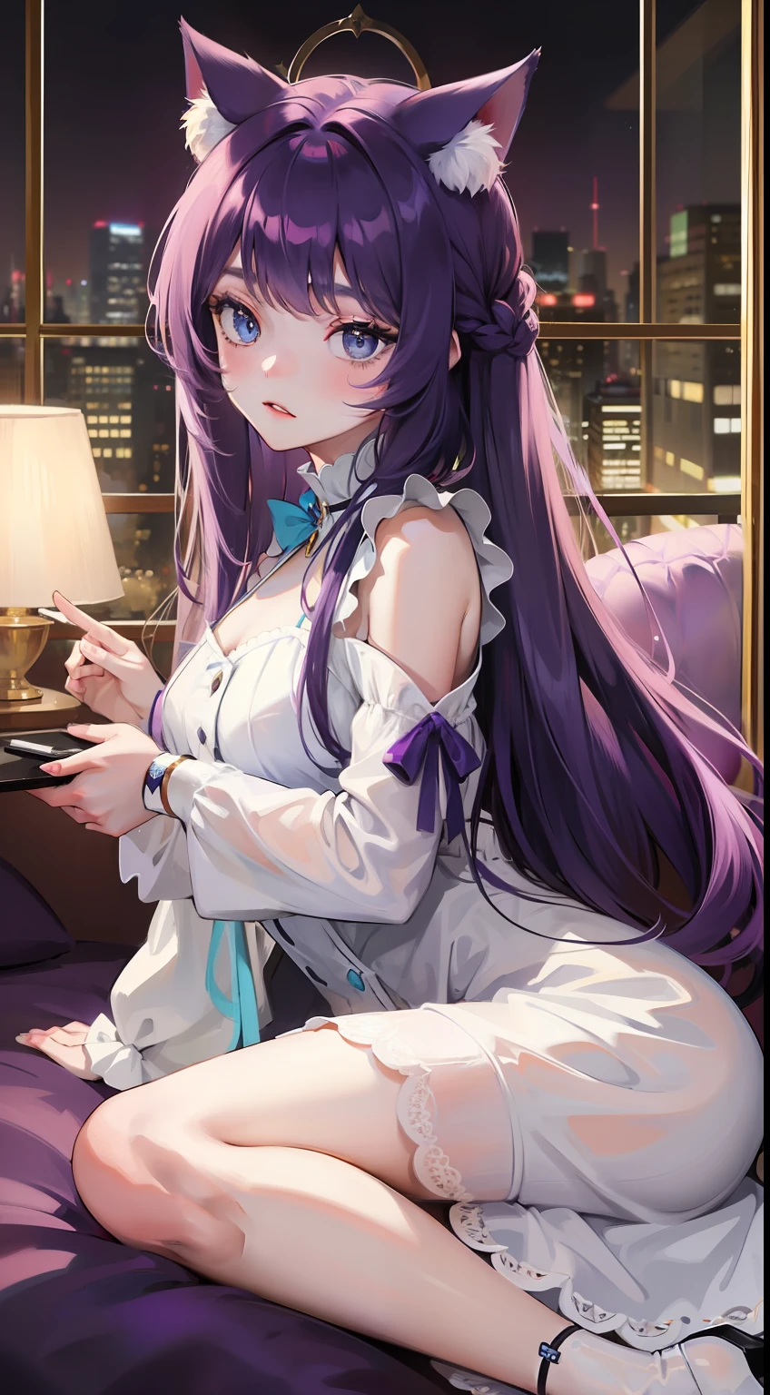 young girl, long purple hair, cat ears, cat tail, blue eyes, white luxury dress, Masterpiece, hiquality