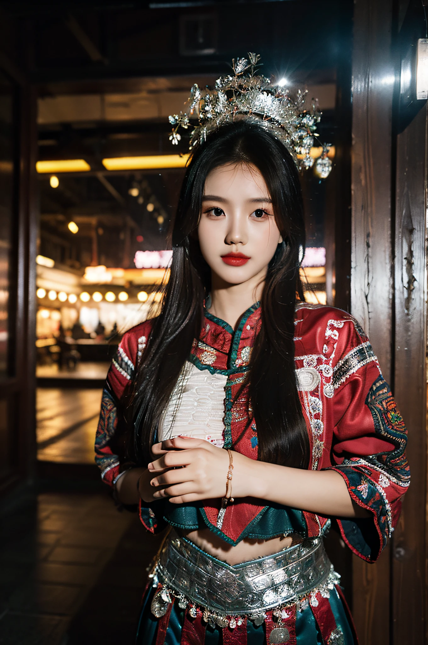 Hyperrealistic,)4K,35mm,hyper-high detail, Professional lighting, Best quality, Ultra-high resolution, Visually stunning, (1girll:1.1), (Hmong clothing ),realskin,(Perfect body 1.3)Ultra-delicate face。