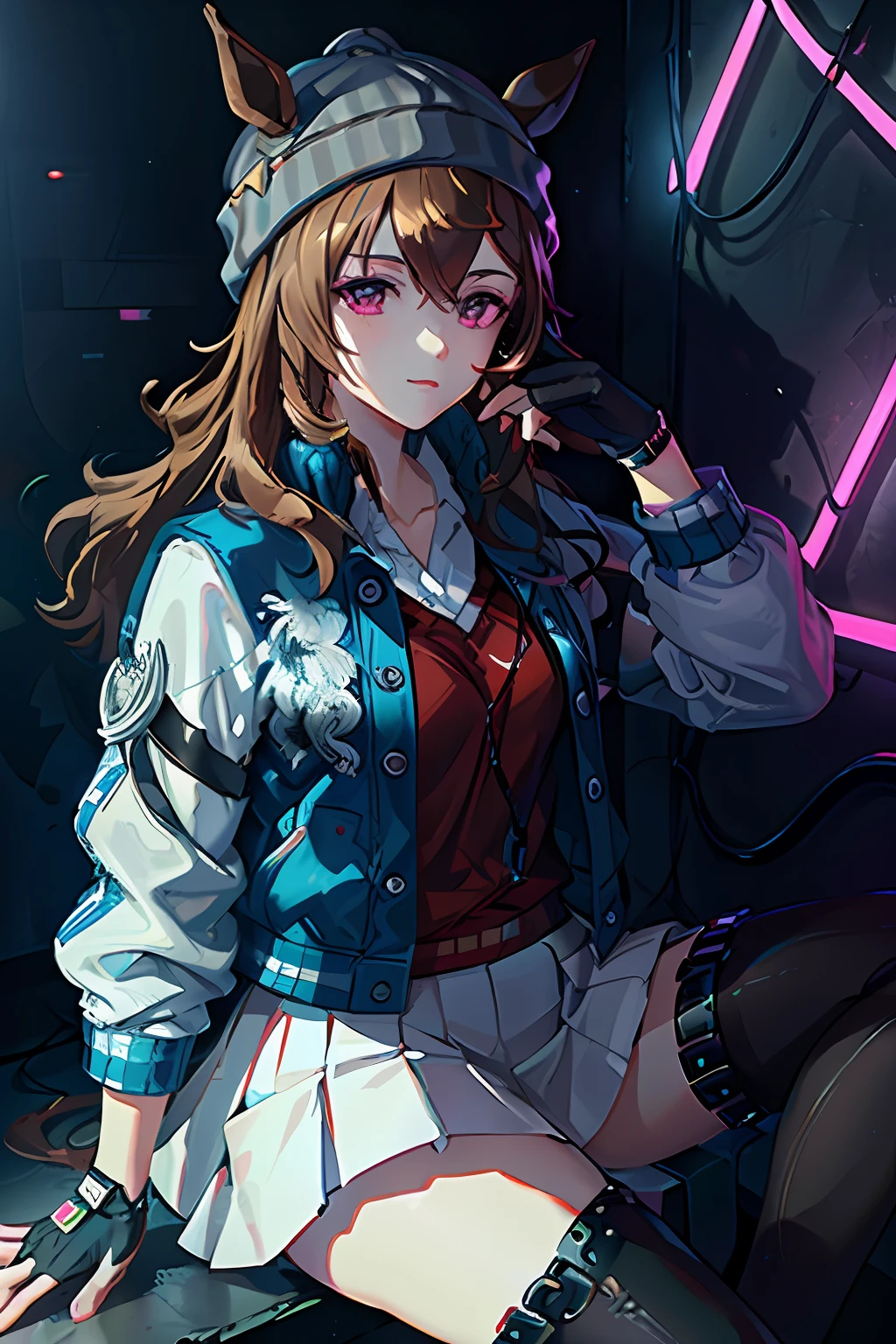 ((masterpiece)),(illustration),(((best quality)), intricated landscape,
((beautiful detailed girl)), medium breast, feet out of frame,
(delicate model face),lovestruck,(iridescent eyes),
grey headwear, beanie, vest, collared shirt, white shirt, long sleeves, blue jacket, letterman jacket, open clothes, black gloves, fingerless gloves, blue jacket, white skirt, pleated skirt, zettai ryouiki, black thighhighs, black footwear, sneakers,
ciberpunk cityscape, (neon lights:1.3),
nakayam festa \(umamusume\), sitting against wall, nice hands,