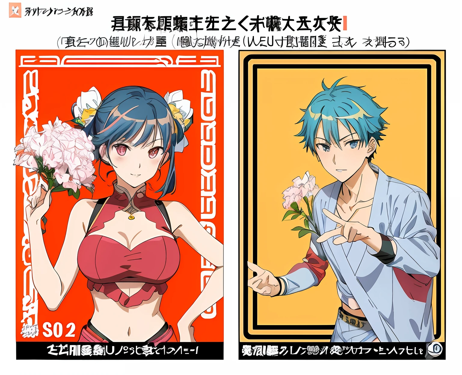 Anime character with blue hair and red bra top and flowers, full color manga visual style, Official art, concept art of comiket cosplay, official artwork, trending on pixiv, pixiv trending, Top Rated on pixiv, official anime artwork, pixiv daily ranking, anime moe art style, sankakucomplex anime image, popular on pixiv