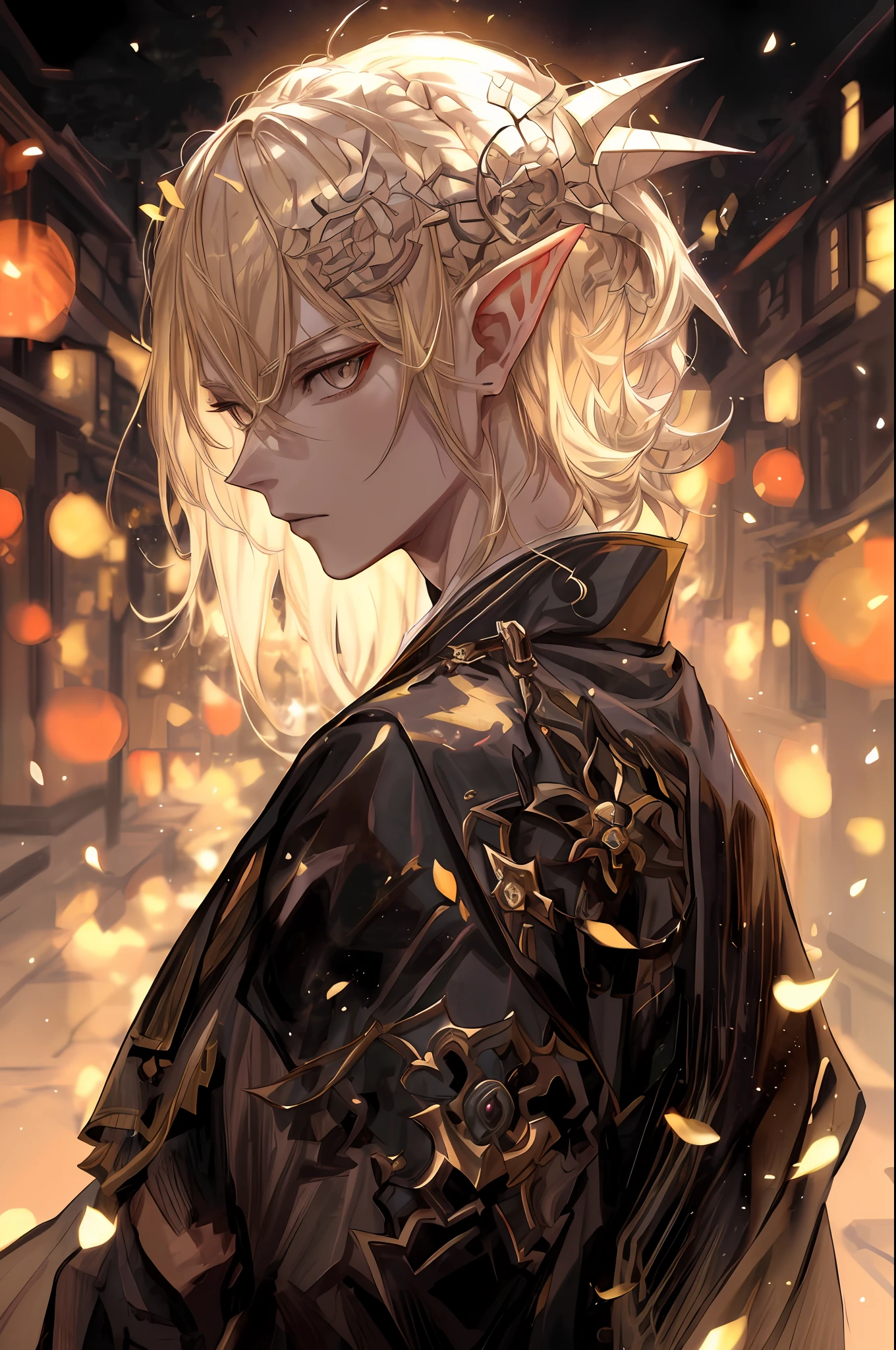 a close up of a person with blonde hair and a black jacket, handsome guy in demon slayer art, beautiful androgynous prince, a male elf, delicate androgynous prince, demon slayer rui fanart, a portrait of a male elf, of an elden ring elf, beautiful male elf, highly detailed exquisite fanart, detailed anime character art