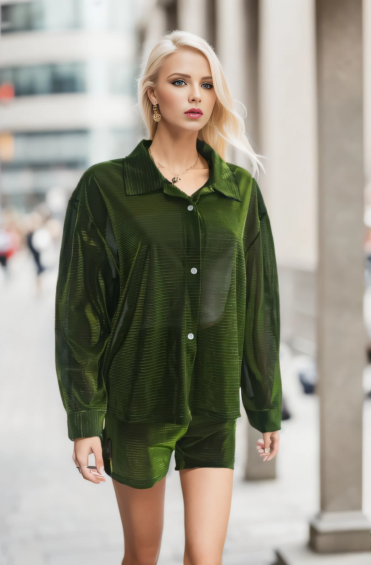 A woman in a green shirt and shorts walks down the street, Keep the color of your clothes shorts