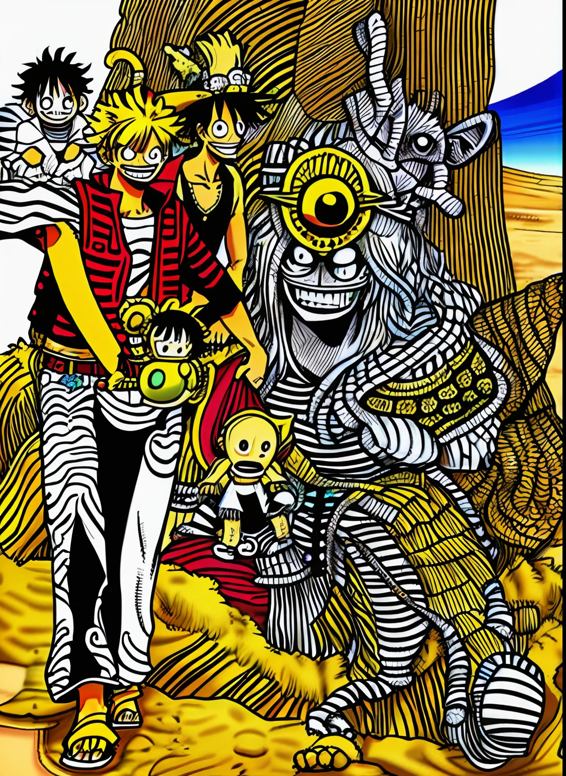 Zebra and man coloring page in desert, inspired by Eiichiro Oda, Eiichiro Oda style,author:Joichiro Oda, Luffy (One Piece, luffy from one piece, One Piece style, perfect lineart, style of eiichiro oda, monkey d luffy,