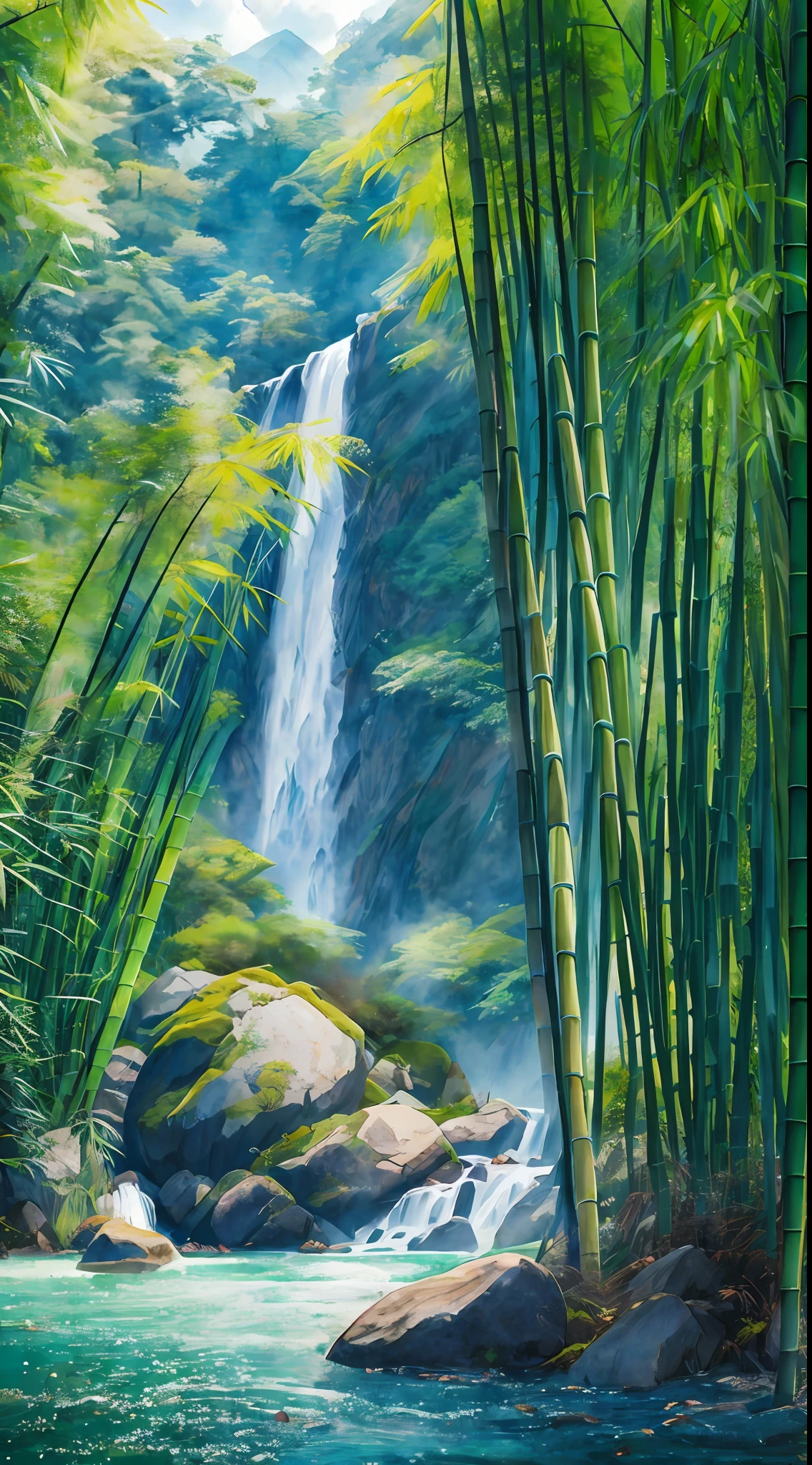 Blue sky and white clouds, (bamboo forest), mountains and rivers, lakes, waterfalls. The tender bamboo rushes green, the shade covers the sun, the waterfall flies and the spring surges,best quality, ultra-detailed, best shadow,8k,official art