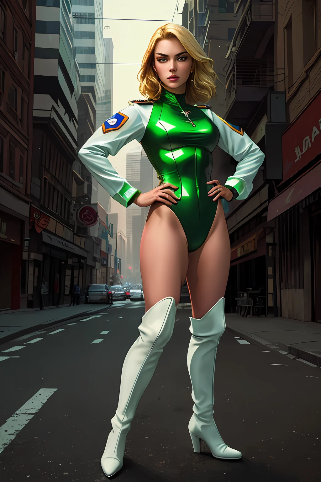 ((best quality)), ((masterpiece)), ((ultra realistic)), (dynamic pose), american blonde, beautiful detailed face, detailed eyes, sexymilitary officer, dressed in a green and white leotard, city backdrop, neon edge lighting, highly detailed, professional, bare legs, full body, hands on hip, medium hair, knee boots, long sleeves