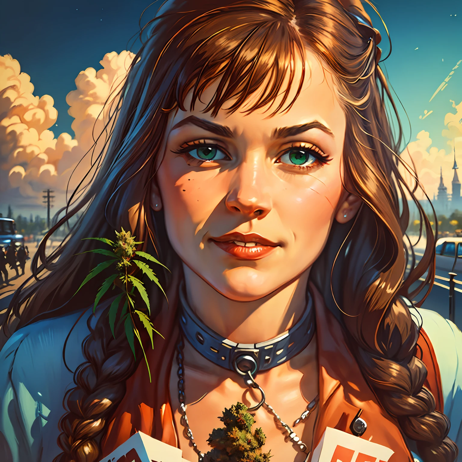 (Masterpiece, Top Quality, Best Quality, official arts, beautiful and aesthetic:1.2), a handsome female, red hair, beautiful green eyes, Beautiful sexy body, next to the motorcycle, Personification of marijuana, The Princess of Cannabis, Cannabis, Marijuana, marijuana organic painting, Marijuana, Smoking weed, Wearing a t-shirt with marijuana, Cannabis!, Marijuana on the topic, Cannabis paranoia, Entheogen, Marijuana asymmetrical, Pot leaf, Marijuana!, weed, Ganja, 8 k hd detailed oil painting, on a city street, photo realism,