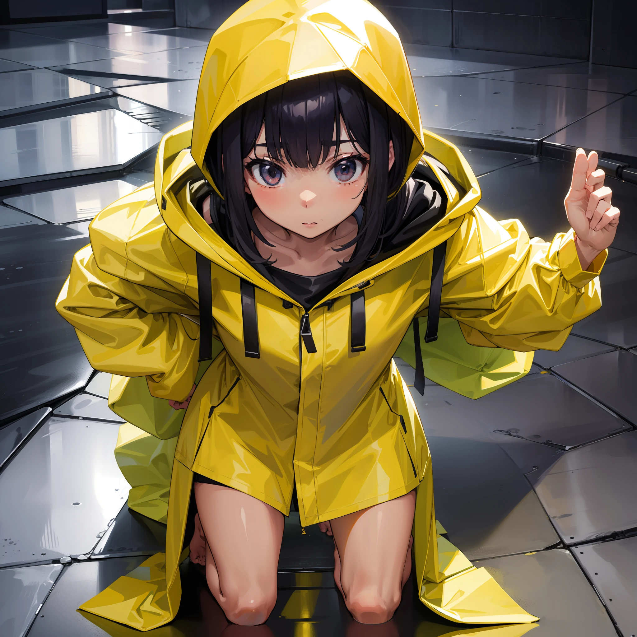Girl in yellow cropped raincoat,The raincoat hood covers the face,full body pov,Squat position,Barefoot,Accentuate the texture of raincoats and gelcoats,Accentuates the translucent texture of the raincoat